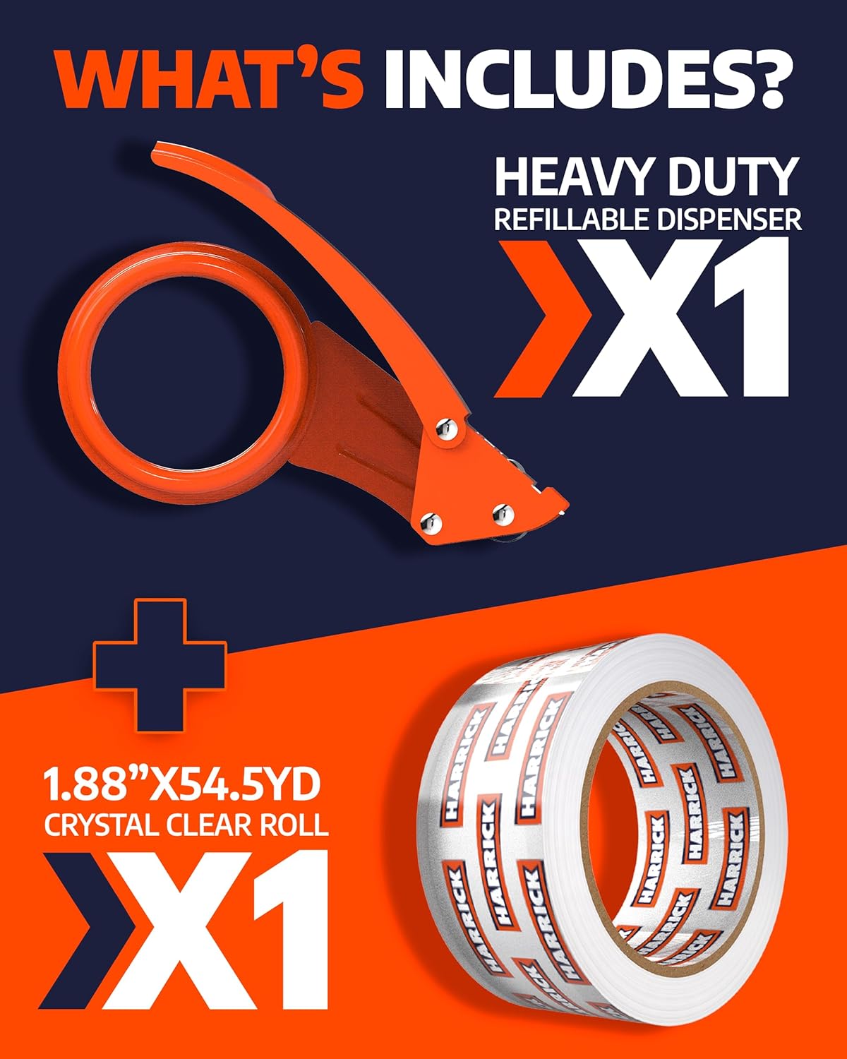 Clear Packing Tape with Dispenser 1.88 inch - Metal Strong & Durable Heavy Duty Packing Tape with Dispenser - Strong Strapping Tape with Dispenser Easy Tear & Seal - 1 Roll / 1 Dispenser / 54.5 Yards