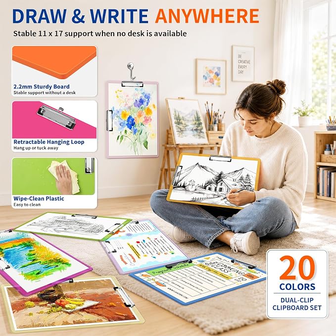 20 Pack 11 x 17 in Plastic Clipboards 20 Colors, Dual Clip Landscape | Portable - Image 5