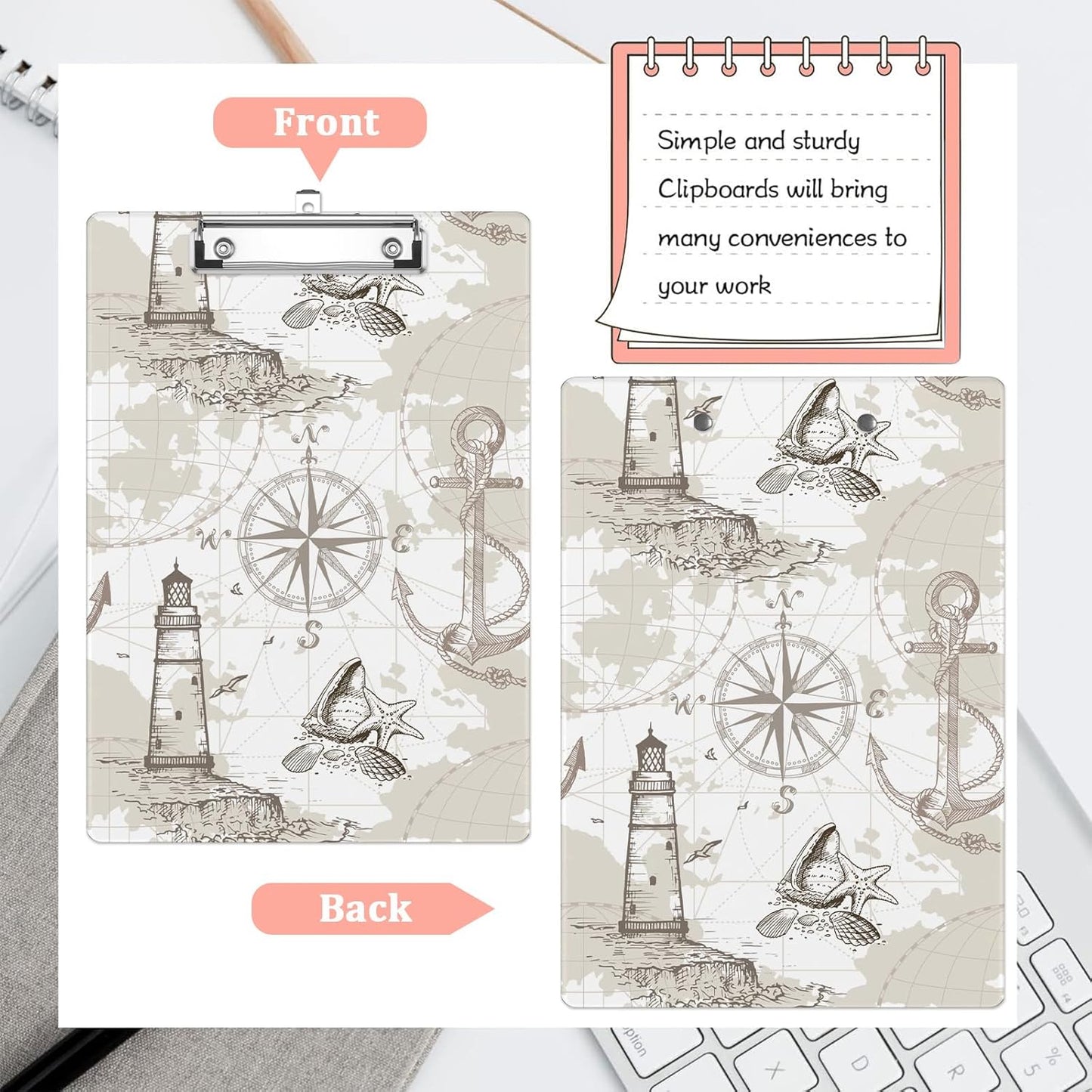 Compass Lighthouse Plastic Clipboards,Cute Fashion Clipboard Decorative 8.5" x 12.5"Standard A4 Size Clipboards,Acrylic Clipboard for Teacher,Social Worker,Students,Nurse,Office Supplies