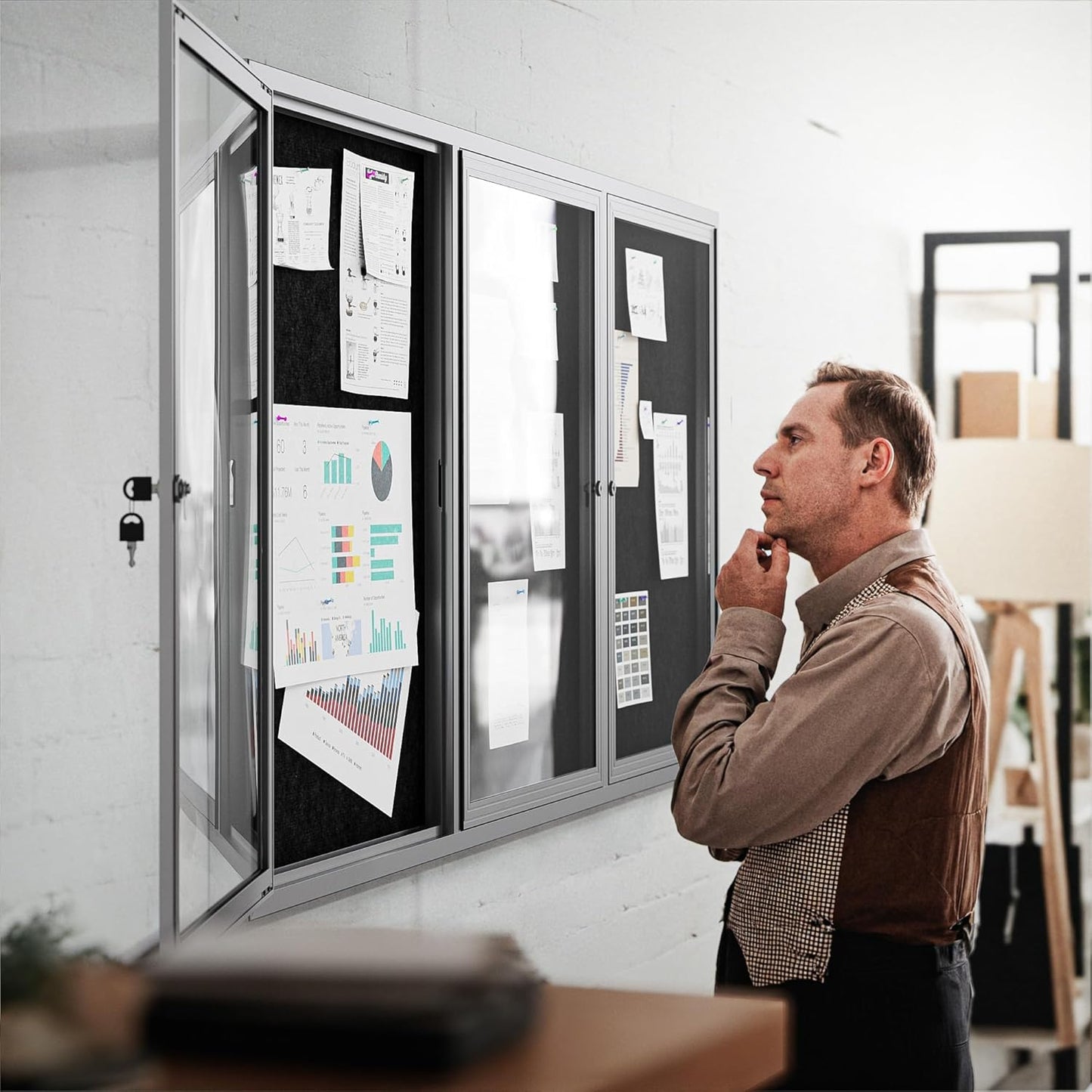 72"x36" Lockable Enclosed Bulletin Board, Outdoor Flet Weather-Resistant Aluminum Frame Notice Board, Wall Mounted Display Case Acrylic Doors for School,Office,Silver Frame w/Black Flet