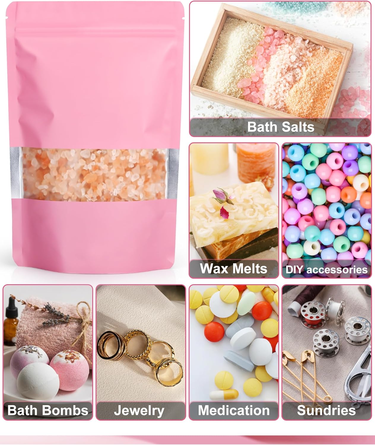 FireKylin 100 Pack Smell Proof Bags 7.1" x 10.2", Resealable Bags with Matte Window, Foil Pouch Stand Up Sealable Bags for Packaging（Pink）