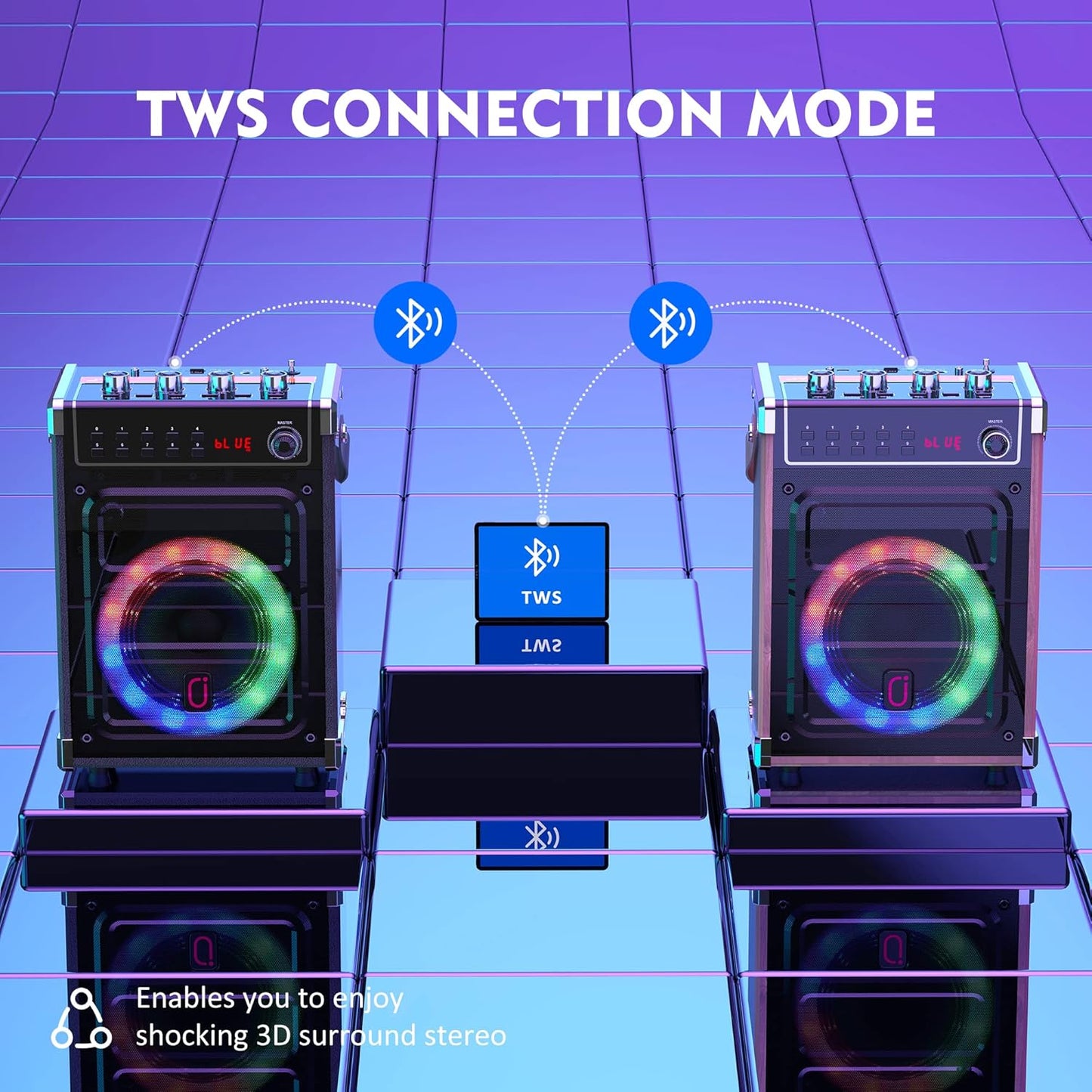 JYX Karaoke Machine with 2 UHF Wireless Microphones, Bluetooth Speaker with Bass/Treble Adjustment and LED Light, PA System Support TWS, AUX in, FM, REC, Supply for Party/Adults/Kids - Wood Grain