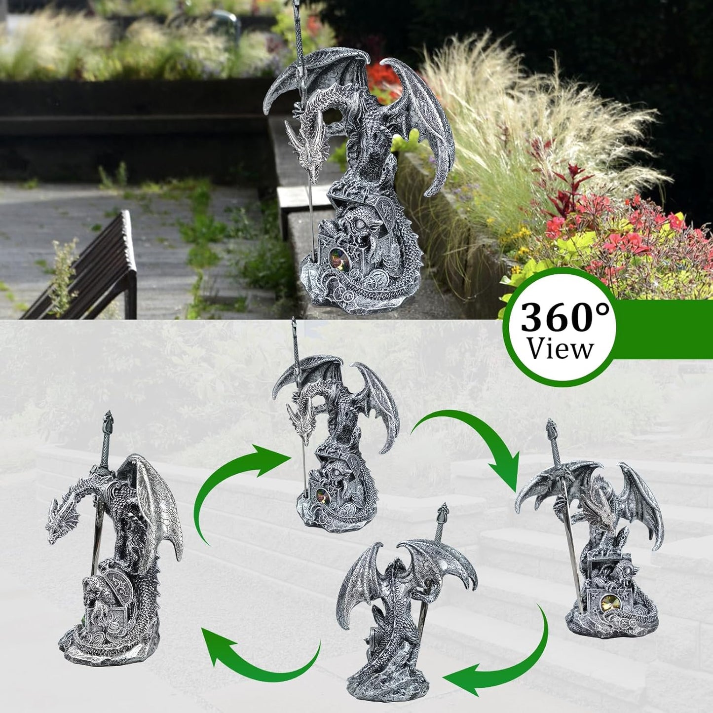 Fantasy Dragon Statue with Draconian Sword Letter Opener Figurine Collectible Dragon Sculpture Resin Home Decor Gifts 7.68''H (Silver)