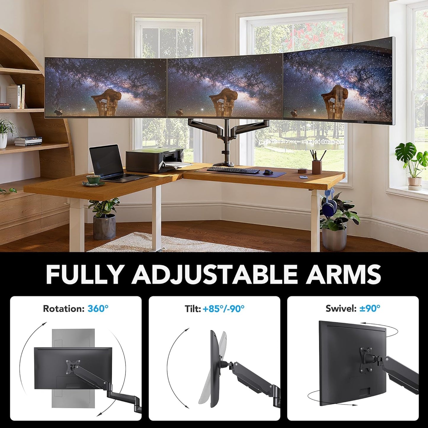 HUANUO Triple Monitor Mount for 17 to 32 inch Screens, Gas Springs Adjustment Triple Monitor Stand with Swivel, Tilt, Rotation, Clamp & Grommet Kit (Black)