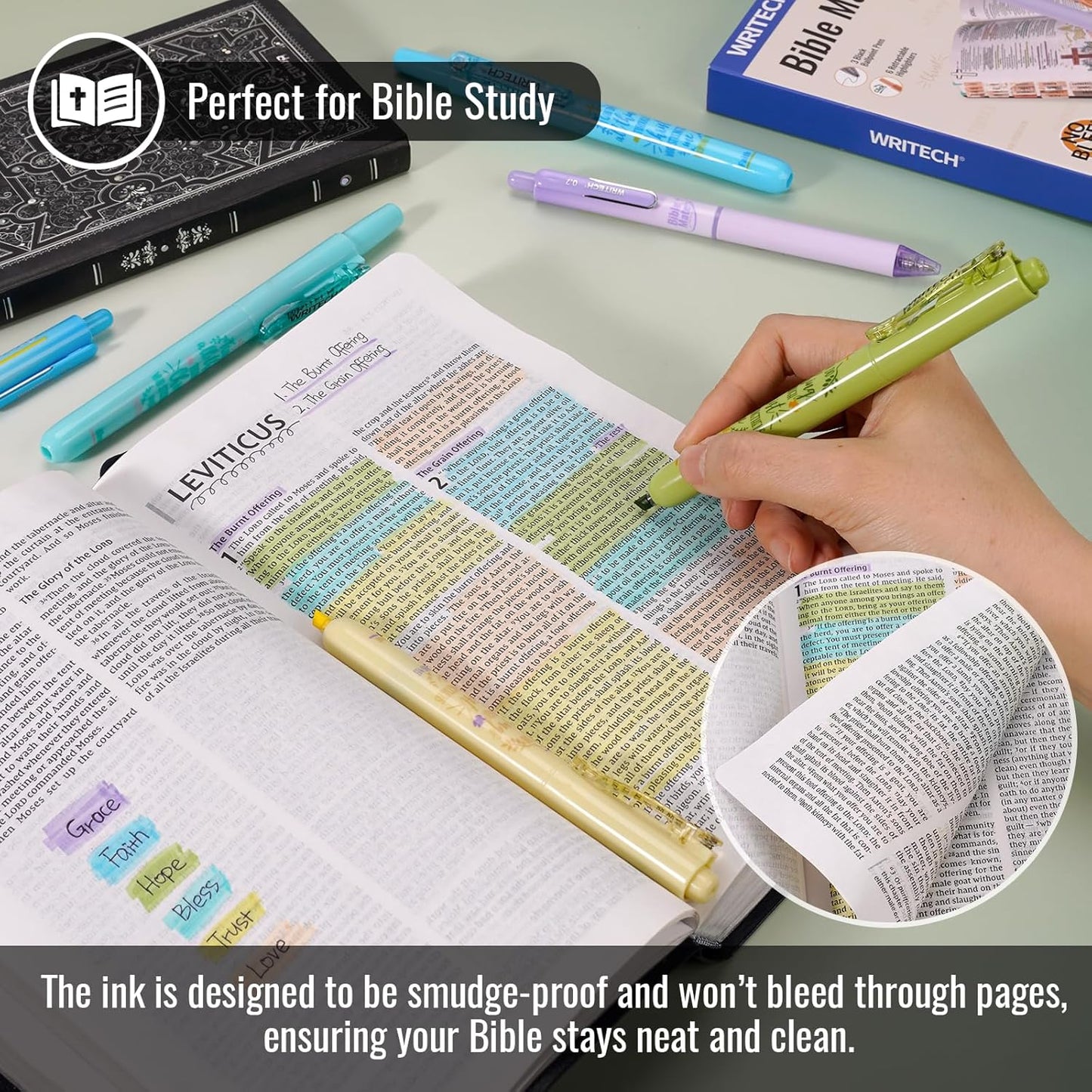 WRITECH Bible Mate Journaling Set: No Bleed Bible Highlighters & 0.7mm Black Ink Ballpoint Pens, Fast-Drying Ink, Pastel Colors Highlighter, Journaling Kit, 9ct
