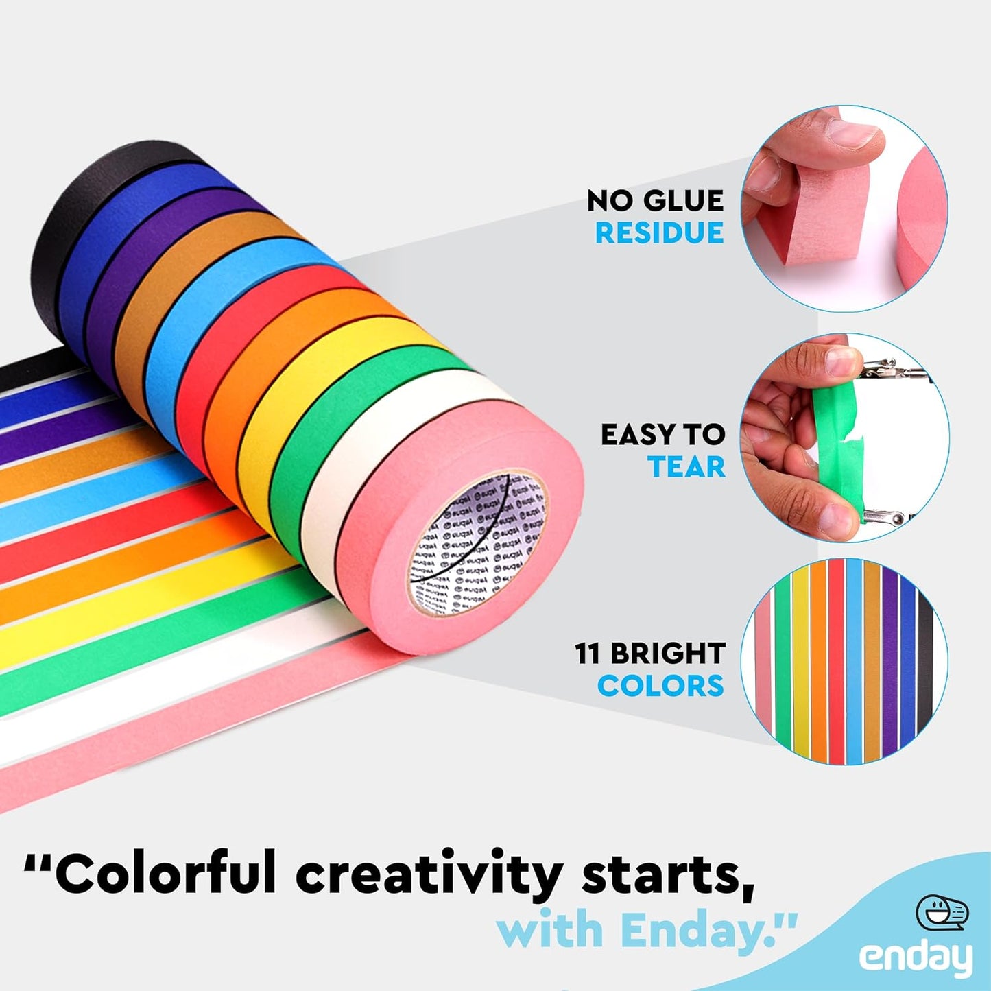 Enday Colored Masking Tape (11 Pack) 1980 ft x 1 in - 1 Inch Wide x 180 Feet (60 Yards) per roll - Colored Masking Tape 1 inch, Painters Tape, Great for Arts Crafts & Labeling