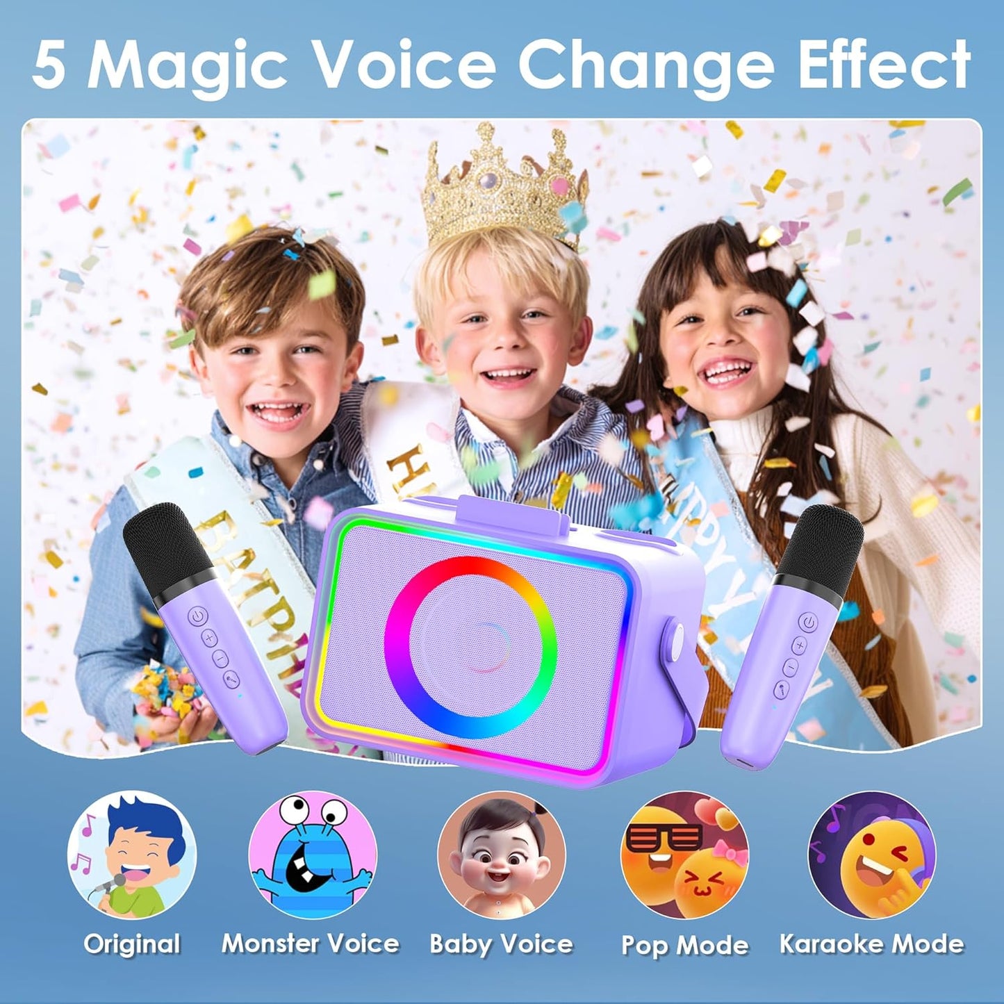 Karaoke Machine,Portable Bluetooth Speaker with 2 Wireless Microphone for Adults & Kids with LED Lights, Karaoke Microphone with PA System Supports USB/TF/AUX,Gift for Party (Purple)