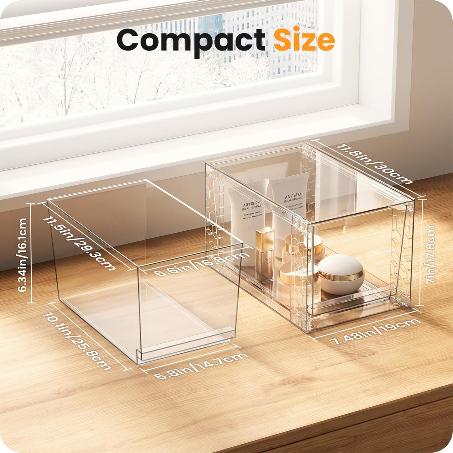 A-LuGei 【𝟰𝗣𝗖𝗦】 Acrylic Stackable Storage Drawers, 11.8" L Makeup Organizer, Bathroom Organizer and Storage, Plastic Storage Bins for Kitchen Cabinet Pantry Medicine Fridge