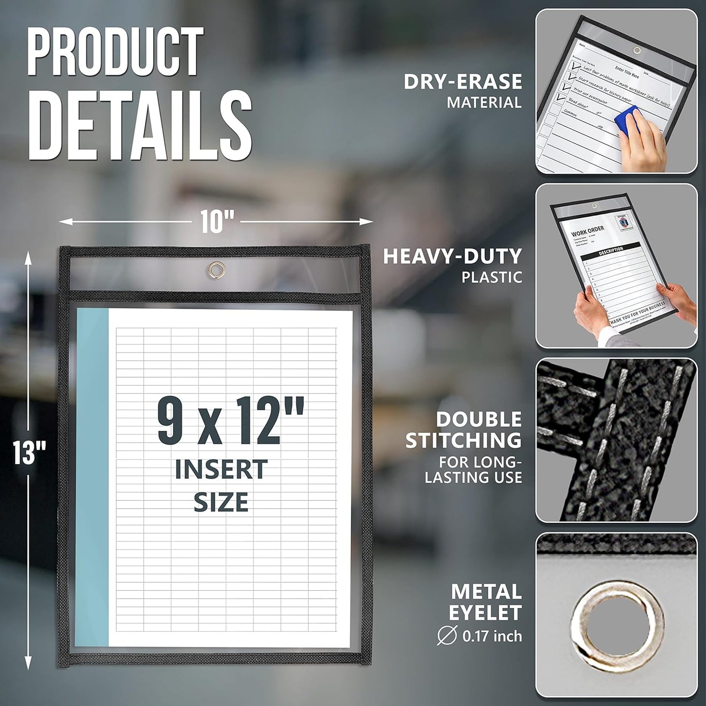5 Pack Job Ticket Holders 9x12 - Work Order Plastic Sleeves for Documents - Shop Ticket Holders - Heavy Duty Plastic Permit Holder Sleeves - Dry Erase Pocket - Dry Erase Sleeve - Clear Pocket Sleeve