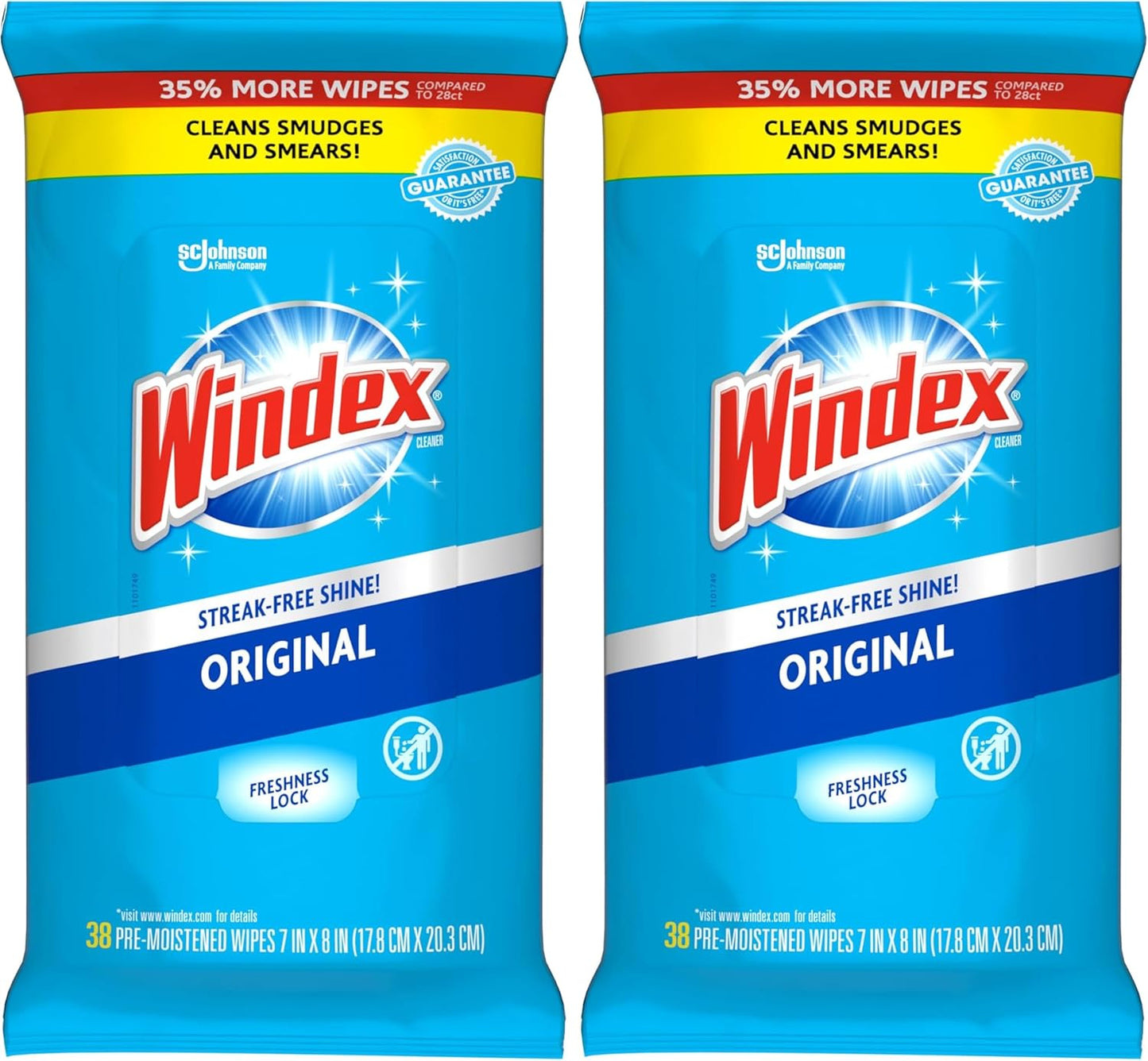 Windex Glass and Surface Pre-Moistened Wipes, Original, 38 Count (Pack of 2)