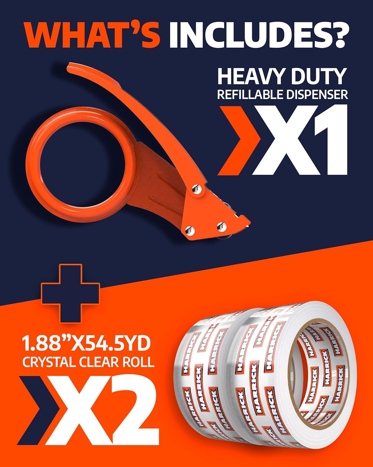 Clear Packing Tape with Dispenser 1.88 inch - Metal Strong & Durable Heavy Duty Packing Tape with Dispenser - Strong Strapping Tape with Dispenser Easy Tear & Seal - 2 Rolls / 1 Dispenser / 109 Yards