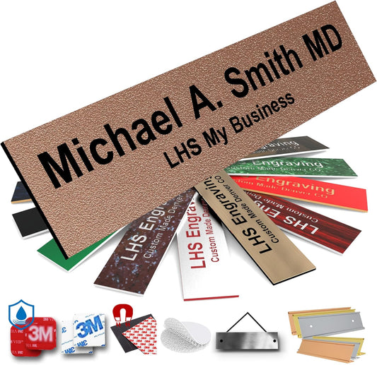 Engraved Name Plates for Door Sign Personalized Textured Copper Plastic Plaque with Black Letters - Made in USA 2x8 M2