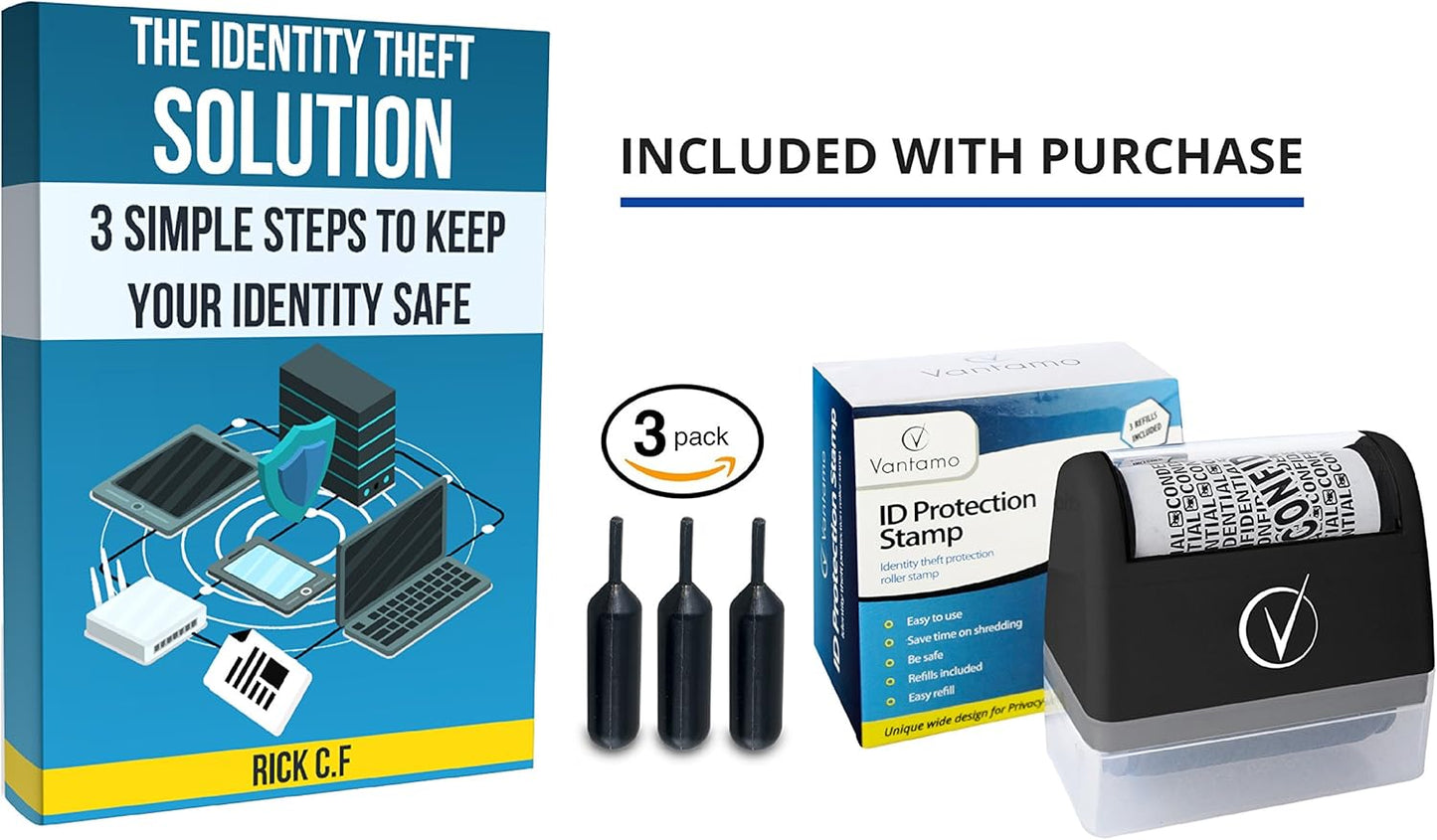 Vantamo Identity Theft Protection Roller Stamp for Hiding Sensitive Information, Wide Confidential Stamp with 3 Ink Refill, Security Stamp Roller for Identity Theft Prevention, Classy Black