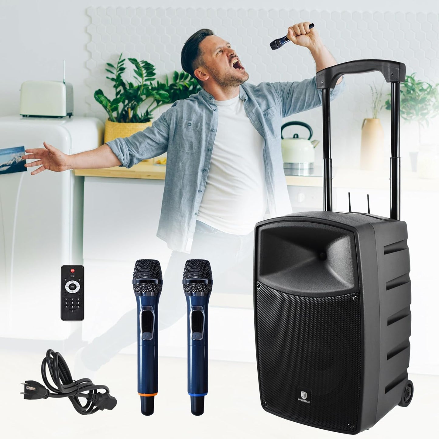 PRORECK 800W 10'' Portable Powered Bluetooth Wireless PA Speaker with 2 Wireless Microphones, Remote Control, Handle and Wheels, Active Loudspeaker for Events, Karaoke, DJ, Outdoor Gatherings