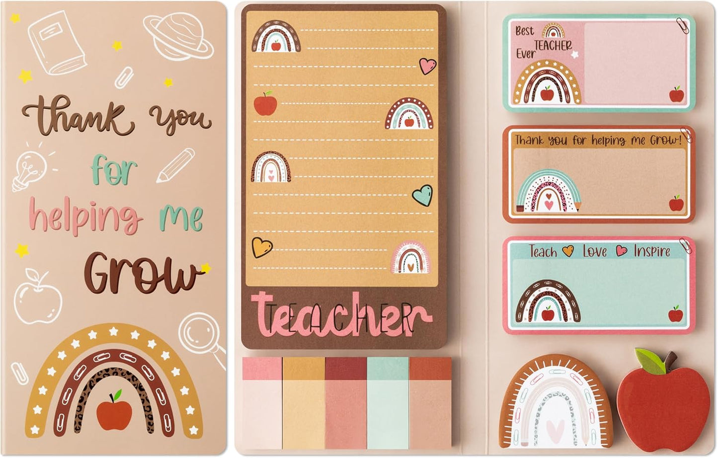 Xqumoi Boho Themed Teacher Sticky Notes Set, 550 Sheets, Thank You for Helping Me Grow Self-Stick Note Pads Teacher Appreciation Gift Writing Memo Pads Page Marker Back to School Supplies (Brown)