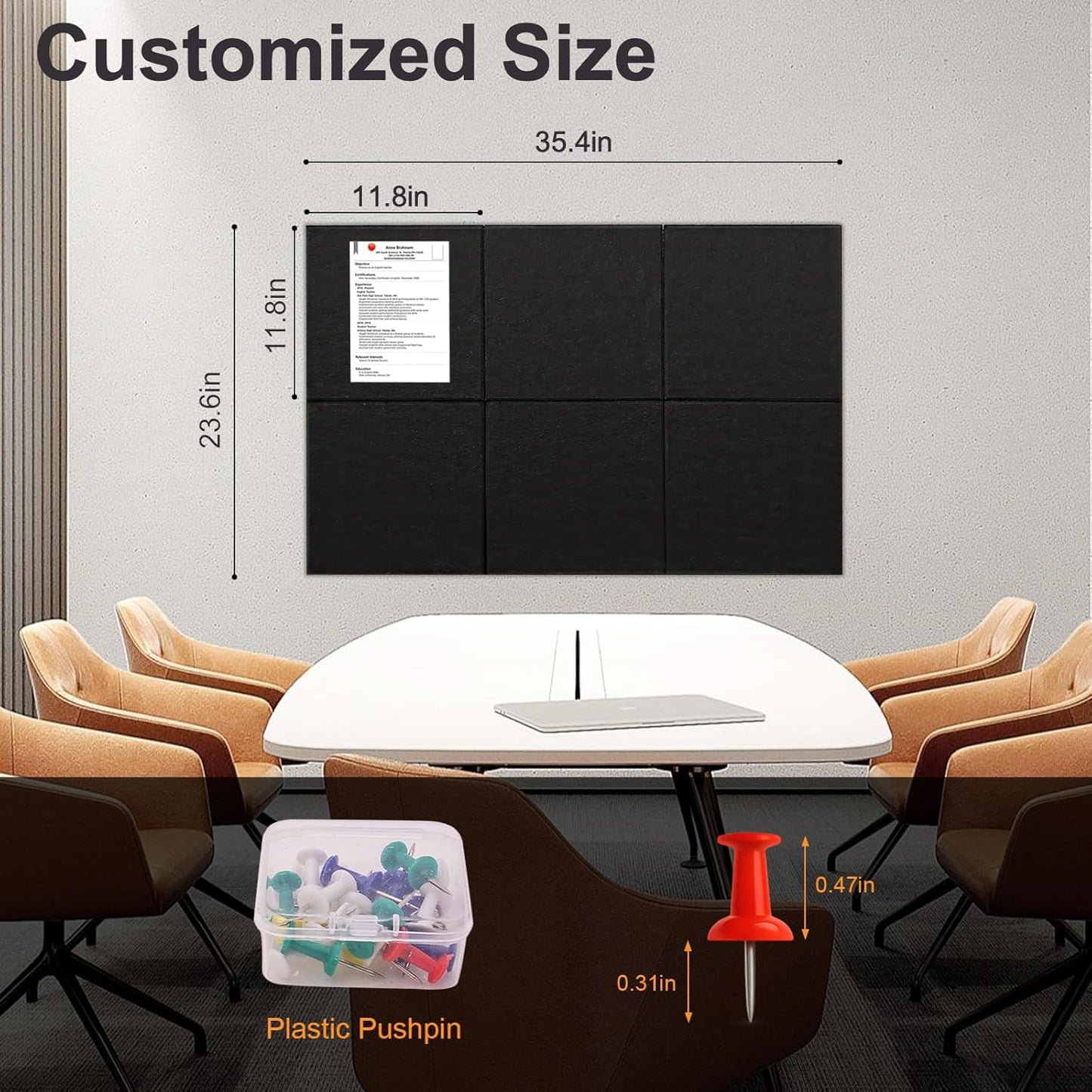 Large Cork Board for Wall 36" x 24", Black Bulletin Board, 6 Pack Felt Wall Tiles with Pushpins, Cork Boards for Office Push Pin Board Tack Board Felt Board, Black