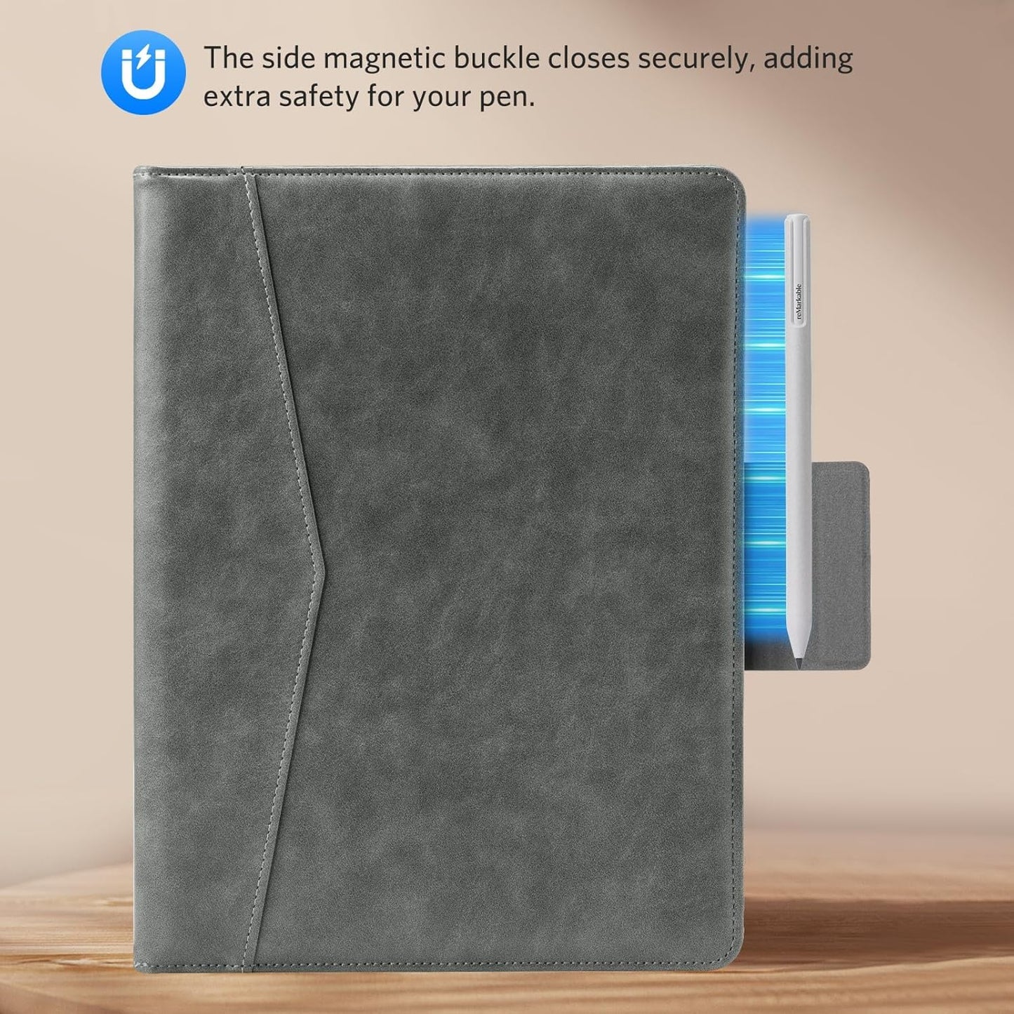 CoBak Premium PU Leather Case for Remarkable Paper Pro 11.8" (2024) – Slim Magnetic Back Cover with Auto Sleep/Wake, Folder Design, Magnetic Pen Holder Strap, Gray Leather