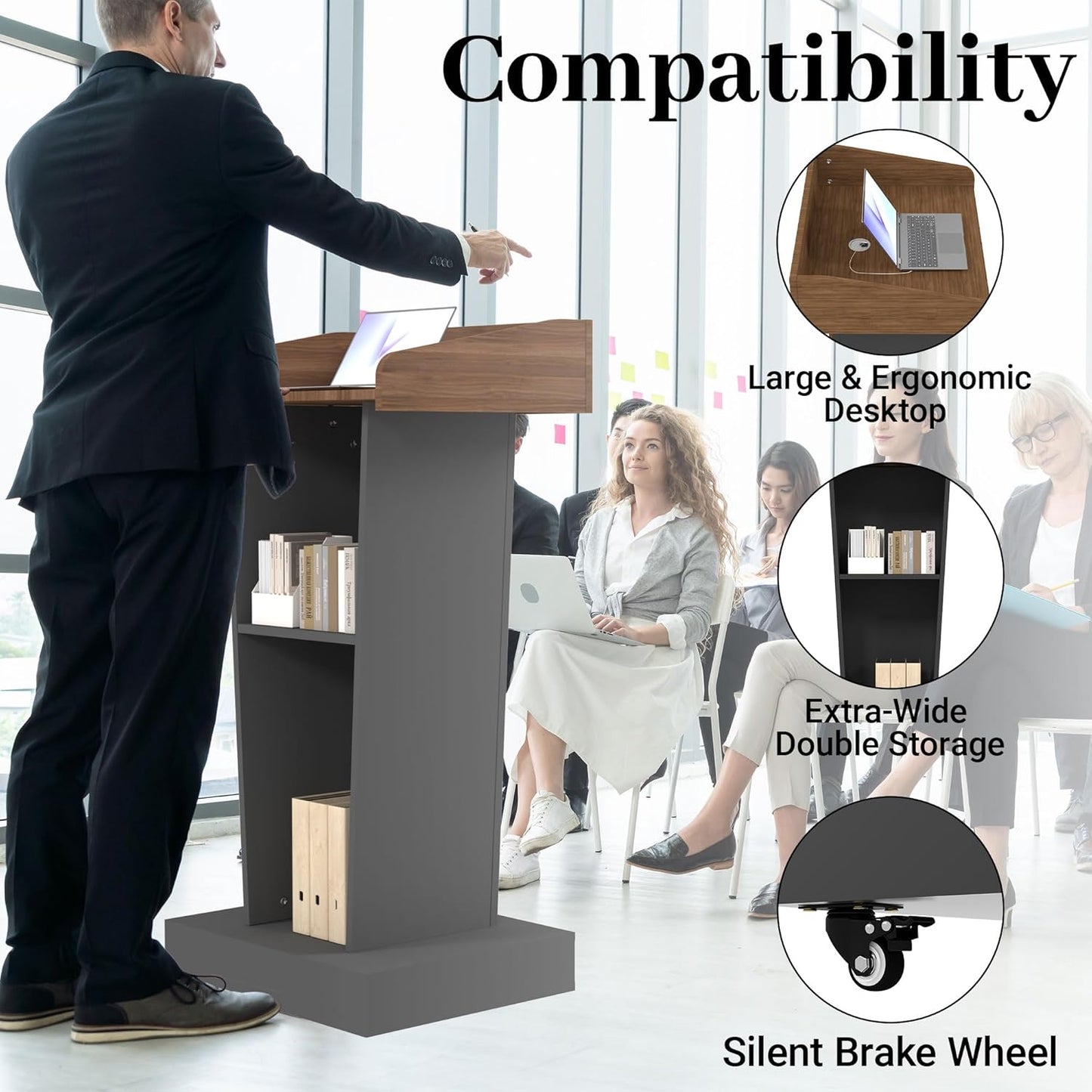 Wooden Podium Stand with Wheels, Stool and 2 Tier Storage, Lectern Presentation Church Classroom, 16MM Wood Board with Heavy Base (Brown/Grey)