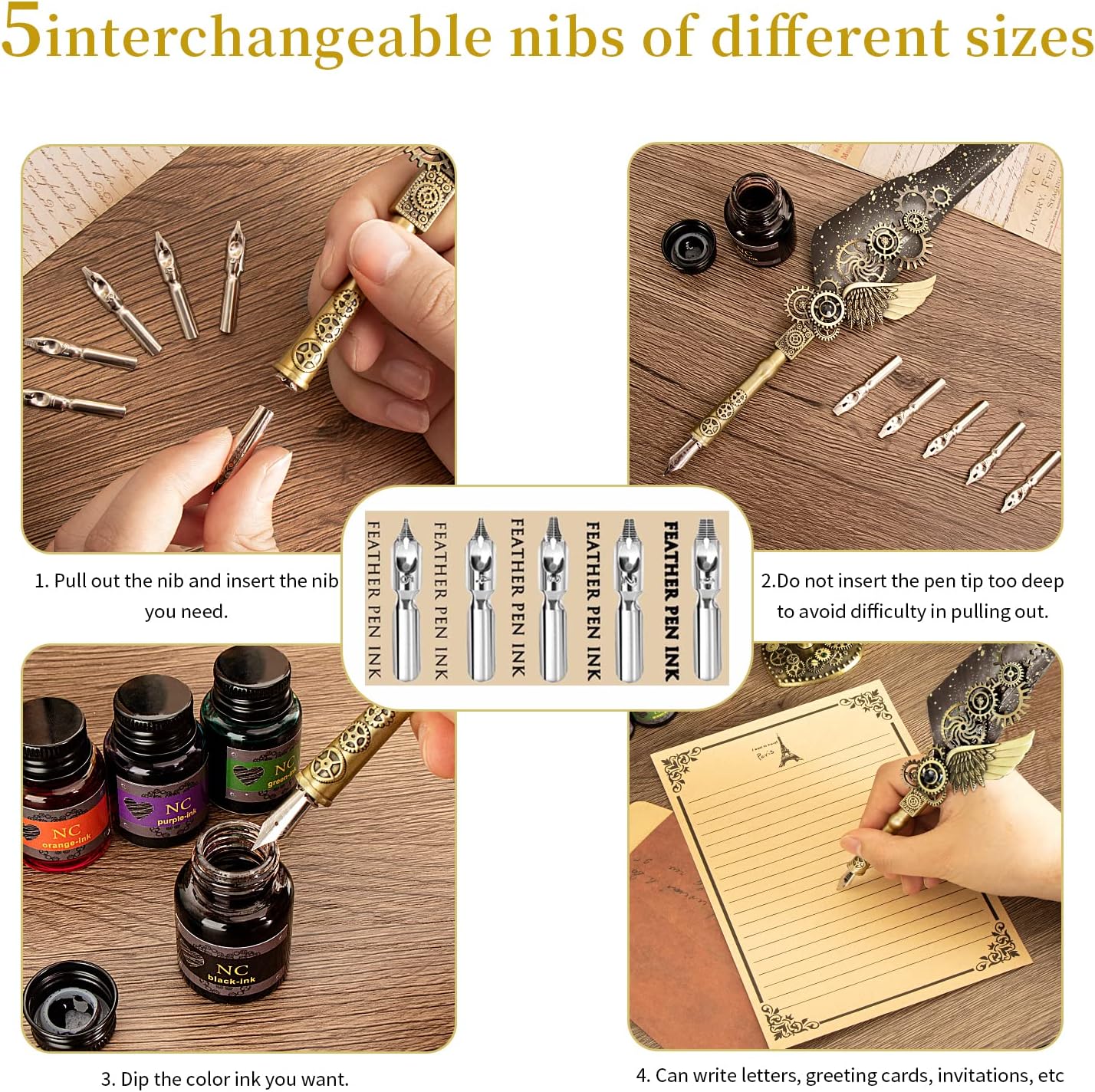 NC Quill Pen & Ink Set, Feather Calligraphy Pen, Wax Seal Stamp, Valentine's Day & Birthday Gift, Various Holiday Ideal Gift (Grey)