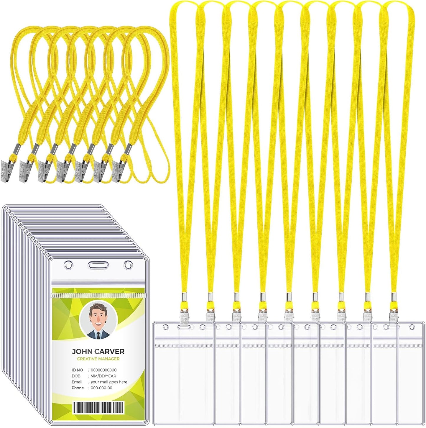 Marspark 200 Pcs Name Tag Lanyards with ID Holder Lanyards for ID Badges Resealable Flat Neck Name Tag with Clip Waterproof Plastic Clear Badges Bulk for School Office Supplies (Yellow)