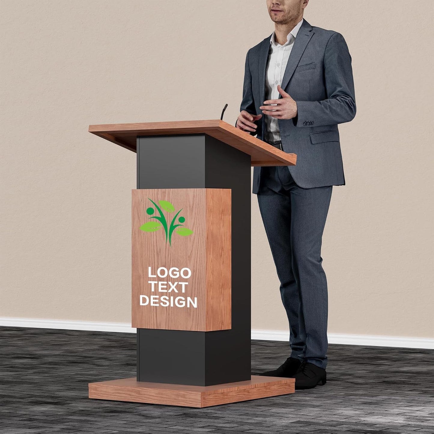 Customizable Logo & Text Podium Stand,Wood Lectern with Lockable Wheels,Church Pulpit with Storage,Mic Stand Space,Wooden Podium for Churches,Seminars and Schools (Brown)