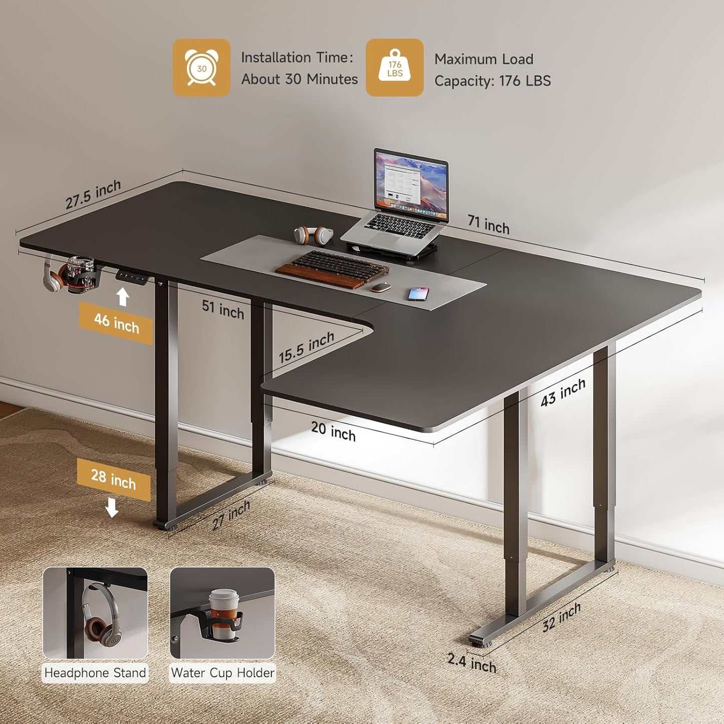 L Shaped Standing Desk, 71x43 Inches Electric L Stand Up Desk with 4 Legs, Dual Motor and Memory Controller, Adjustable Height from 28-46 Inches for Home and Computer Workstation, Black