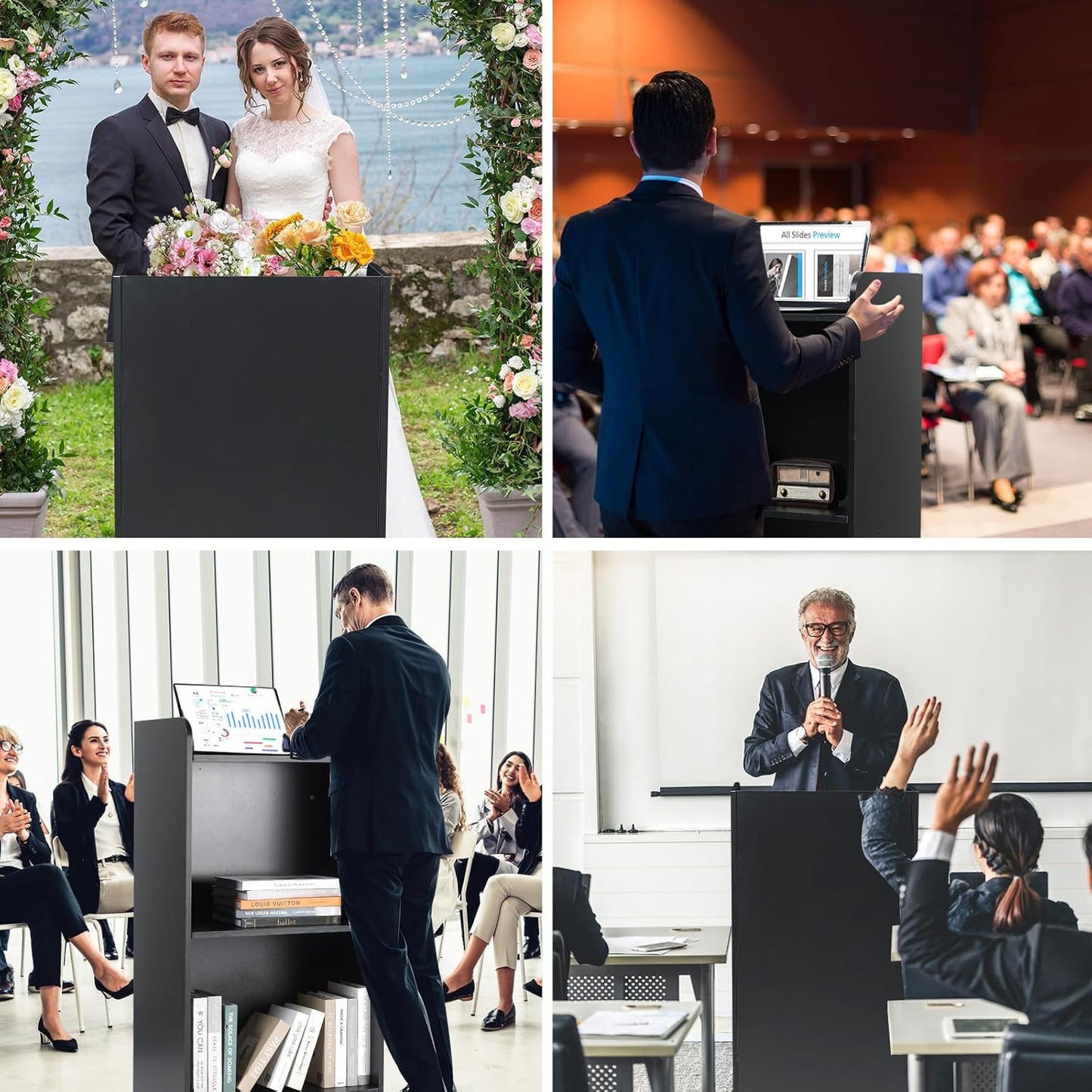 Podium Stand with Wheels, Black Wooden Mobile Lectern, 41.73x22.8x17.7 Inch, 2-Tier Storage for Church, Classroom, Presentation