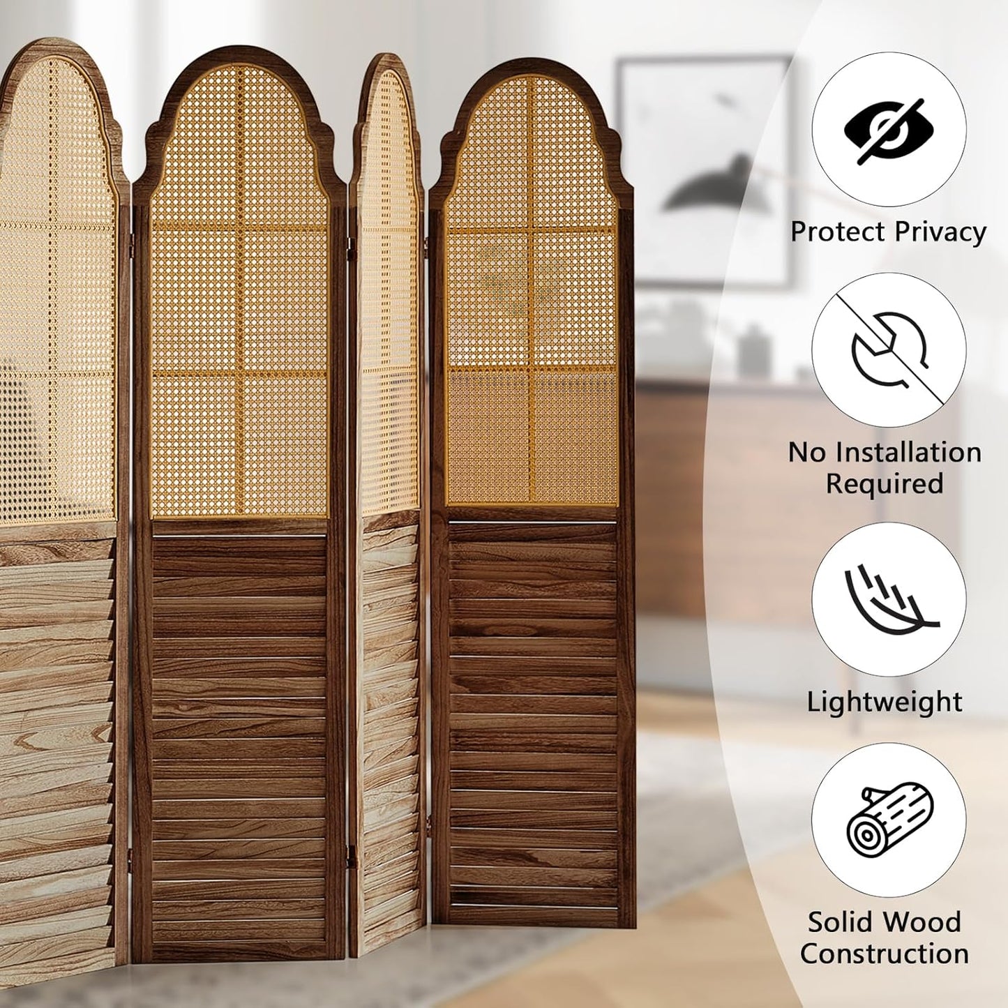6 Panel Rattan Room Divider Panel, 5.6Ft Partitions and Dividers, Louvered Partition Divider, Room Dividers Screen, Solid Wood Frame, Folding Screen, Bedroom, Family Room, Dark Brown