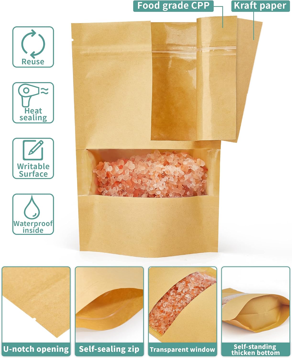 FireKylin 100 Pcs Brown Paper Bags with Window, 3.5" x 5.5" Stand Up Pouches, Zipper Food Storage Bags for Packaging Products, Reusable, Sealable