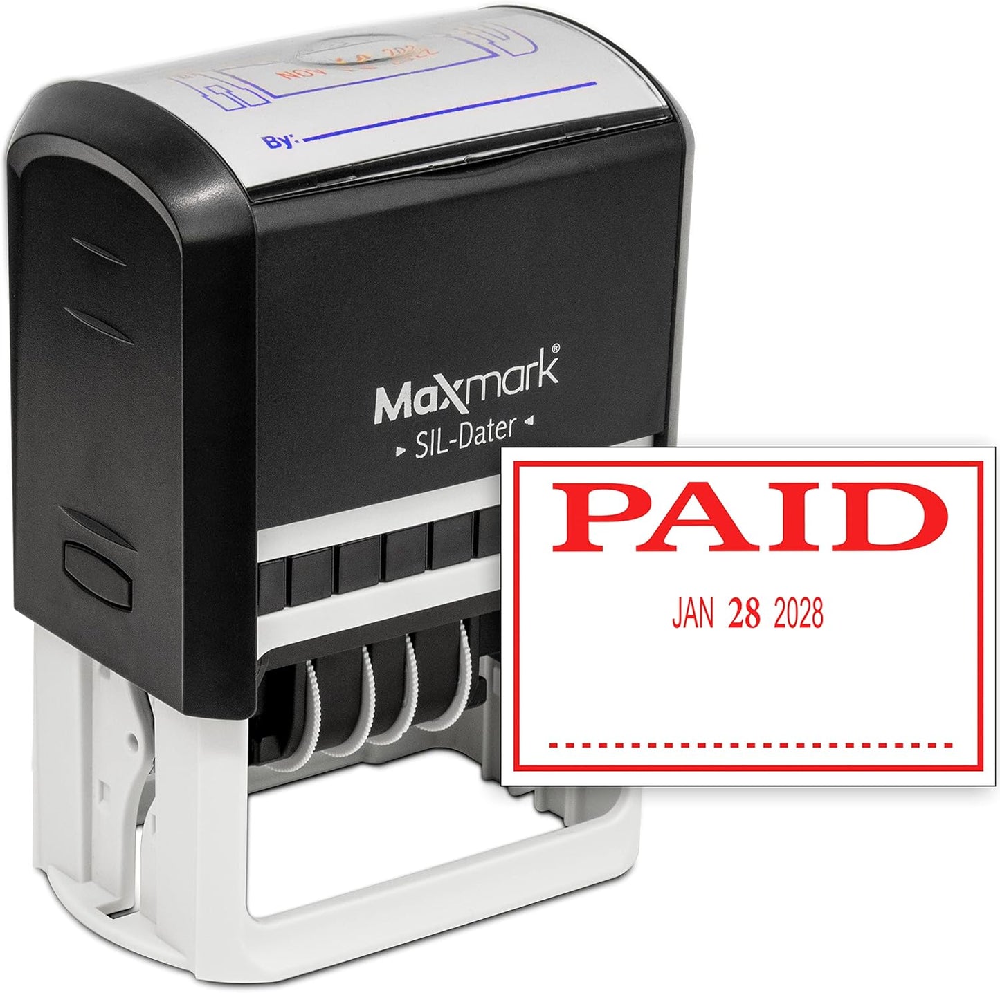 MaxMark Large Self-Inking Rubber Date Office Stamp with Paid Phrase & Date - Red Ink, 12-Year Band - Style 3