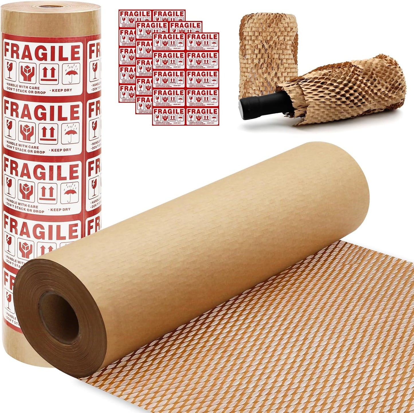 Honeycomb Packing Paper PINENUTS 15" x 131' Eco Friendly Packing for Moving Recyclable Honeycomb Paper Bubble Wrapping with 30 Fragile Sticker Labels and 66fthemp rope (Brown)