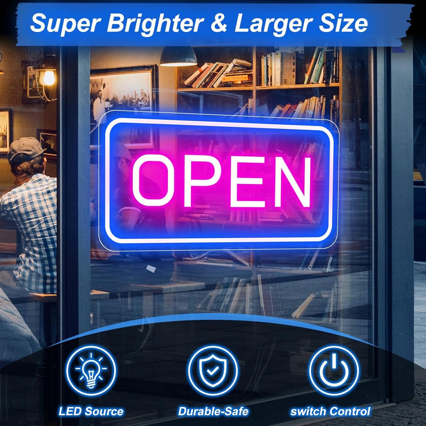 Super Large Open Sign, Neon Open Signs for Business, 23''x 12'' LED Open Sign, Super Bright Open Neon Sign (Blue&Pink), with ON/OFF Switch & Adapter, Neon Light Up Sign for Window Party Wall Bars Coffee Salon Club Hotel,Horiztonal