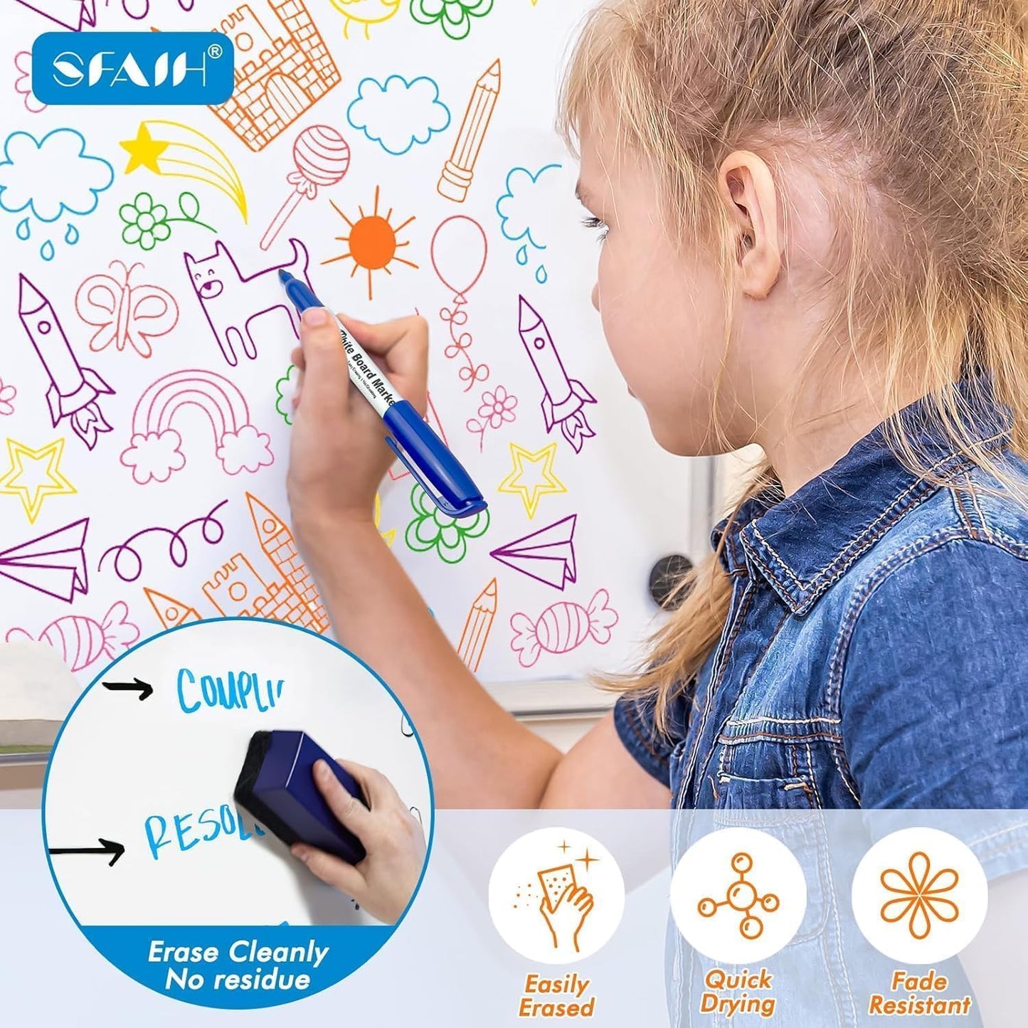 SFAIH Dry Erase Markers Fine Tip 12 Colors, 12 Pack (1 Dozen) - Low Odor Whiteboard Markers Set for Kids Art, Home Office, Calendar Planning | 5 Sizes: 12/24/48/72/144 Packs Available