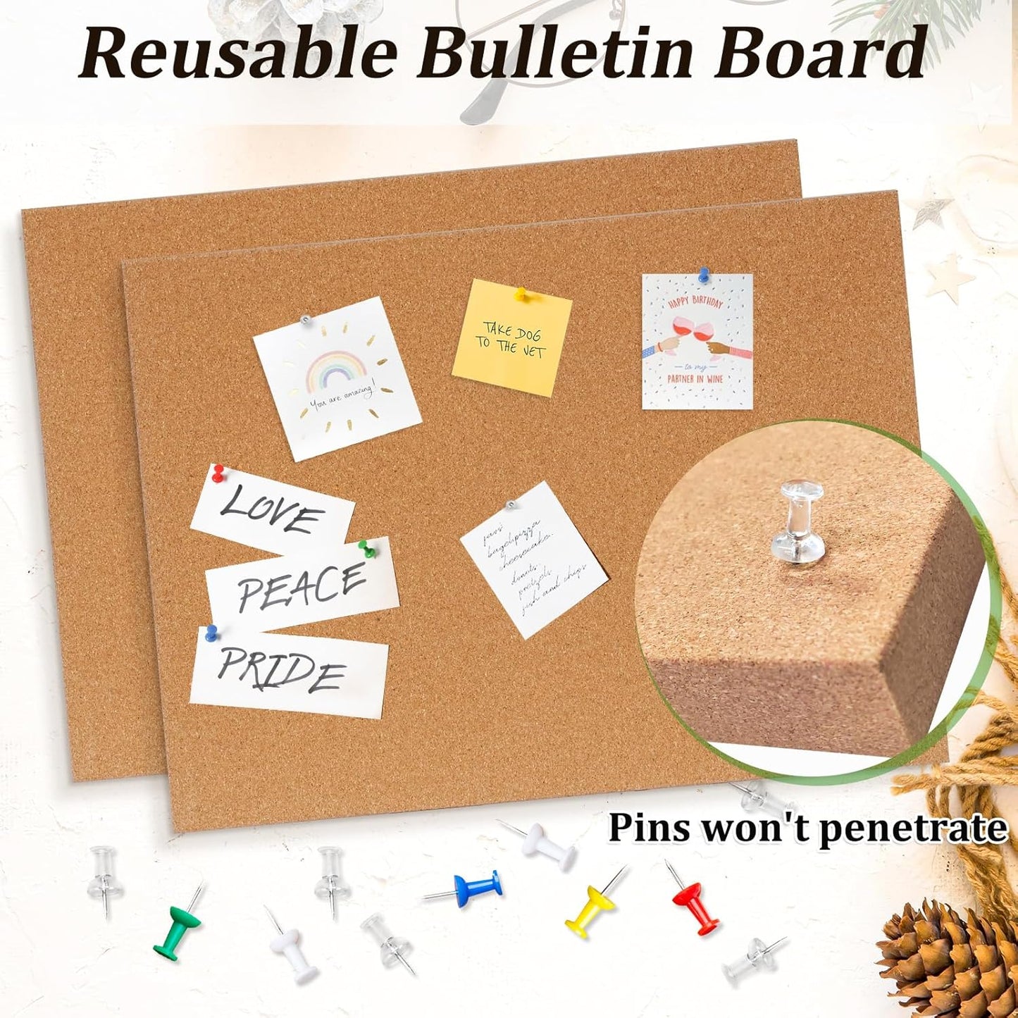 DOLLAR BOSS Magnetic Cork Board, 2 Pcs 16" x 12" Small Cork Bulletin Board 0.7" Thick Frameless Corkboards for Walls Pin Notice Board with 8 Magnets 10 Pushpins for Home Office Kitchen School Decor