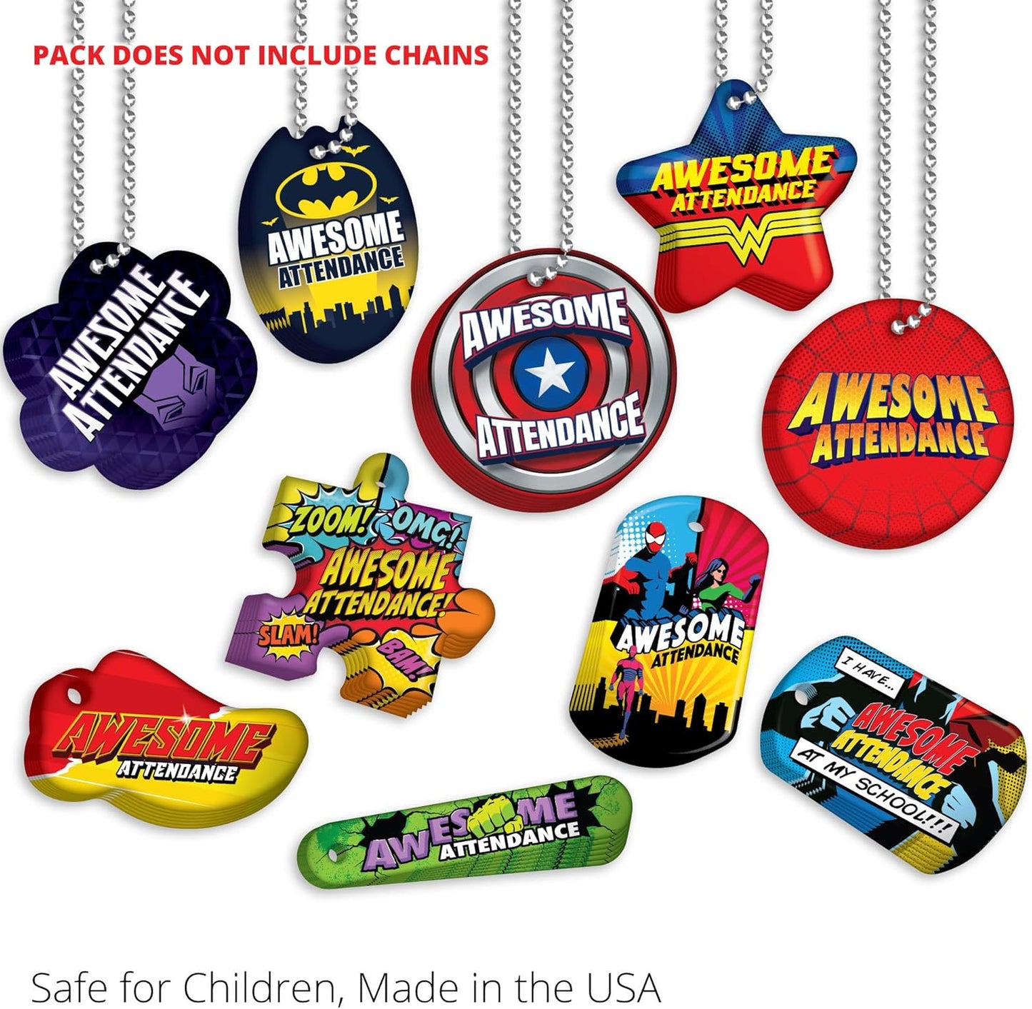 Awesome Attendance Heroes Brag Tag Value Pack to Improve Student School & Classroom Attendance: 250 Tags (25 Tags for Each Design)