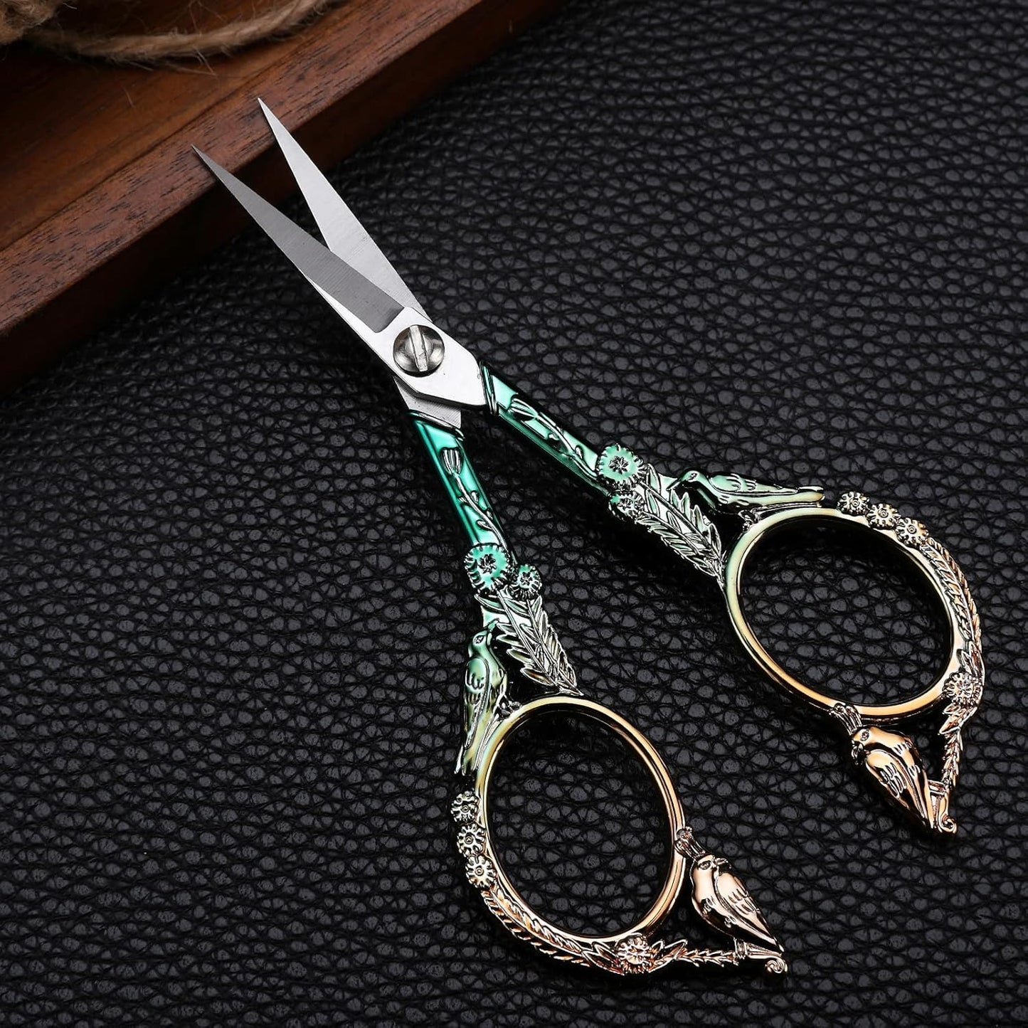 Embroidery Scissors, Sharp Pointed Sewing Scissors for Craft Cross Stitch Needlework Artwork Knitting Threading Small DIY Tools, 4.6in Gold Green Cute Bird