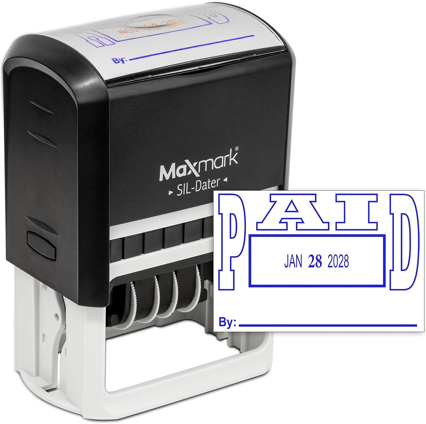 MaxMark Large Self-Inking Rubber Date Office Stamp with Paid Phrase & Date - Blue Ink, 12-Year Band - Style 5