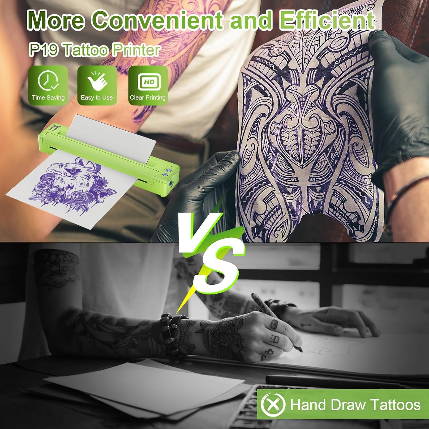 Tattoo Stencil Printer, P19 Wireless Thermal Temporary Tattoo Transfer Printer for Tattooing, 2500mAh Portable Tattoo Machine Kit Compatible with Phone/Tablet/PC, Green
