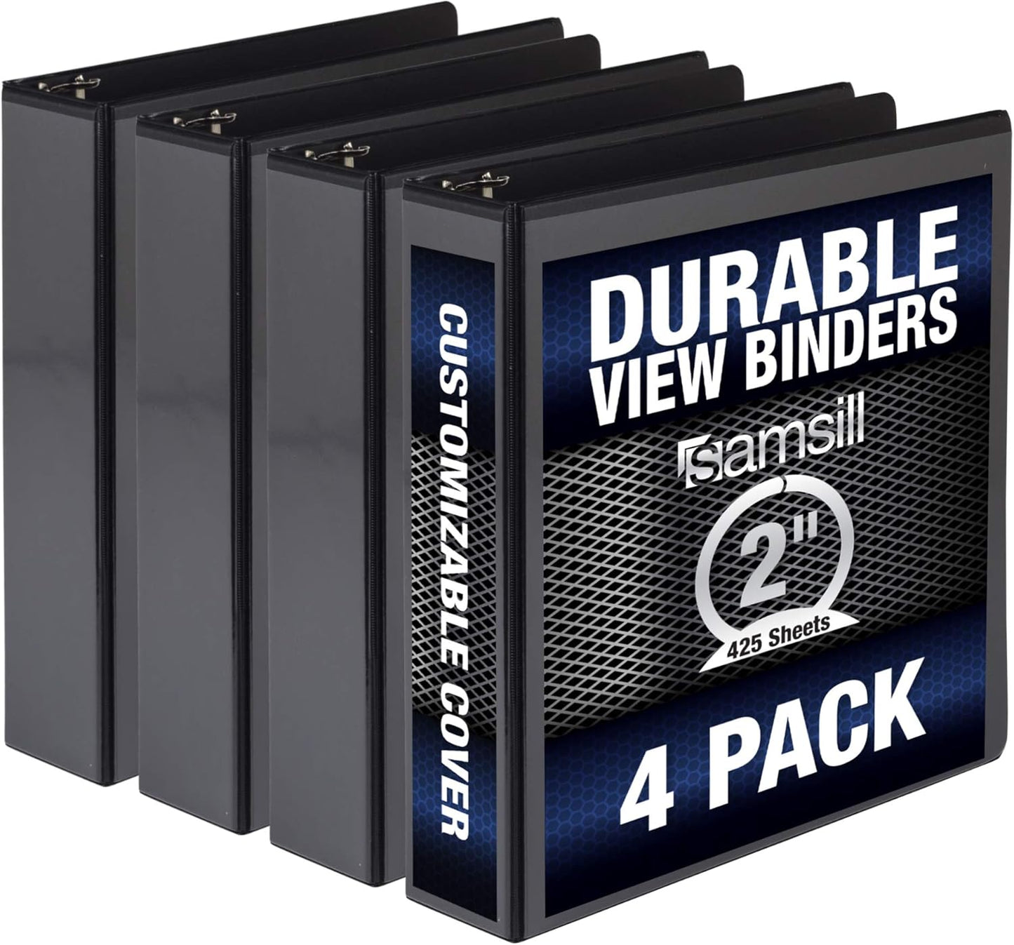 Samsill Durable 2 Inch Binder, Made in the USA, Round Ring Customizable Clear View Binder, Black, 4 Pack (MP48460)