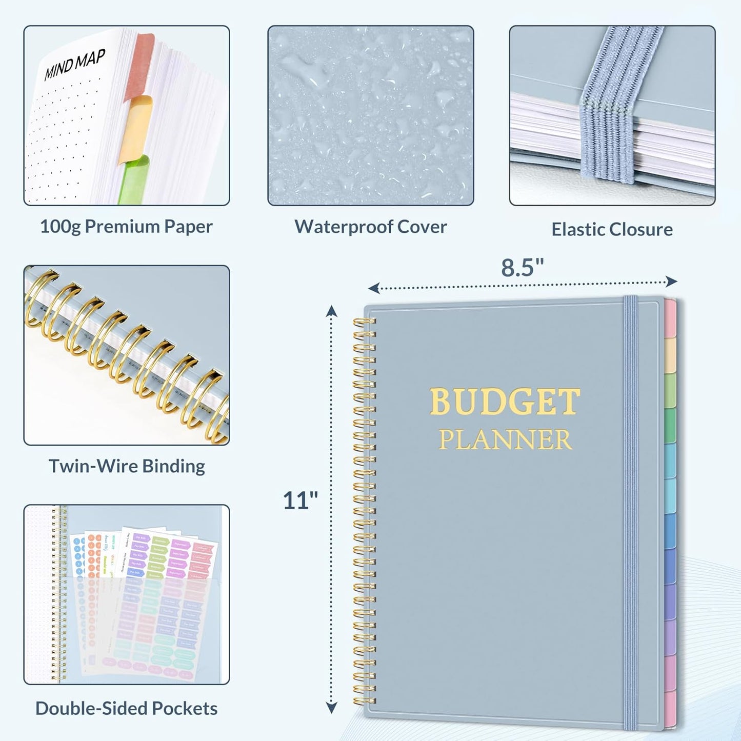 SUNEE Budget Planner - Monthly Budget Book with Expense Tracker Notebook, Undated 12 Month Bill Organizer & Finance Planner to Manage Your Money, A5 (6.4" x 8.3") Account Book with Colorful Tab, Blue