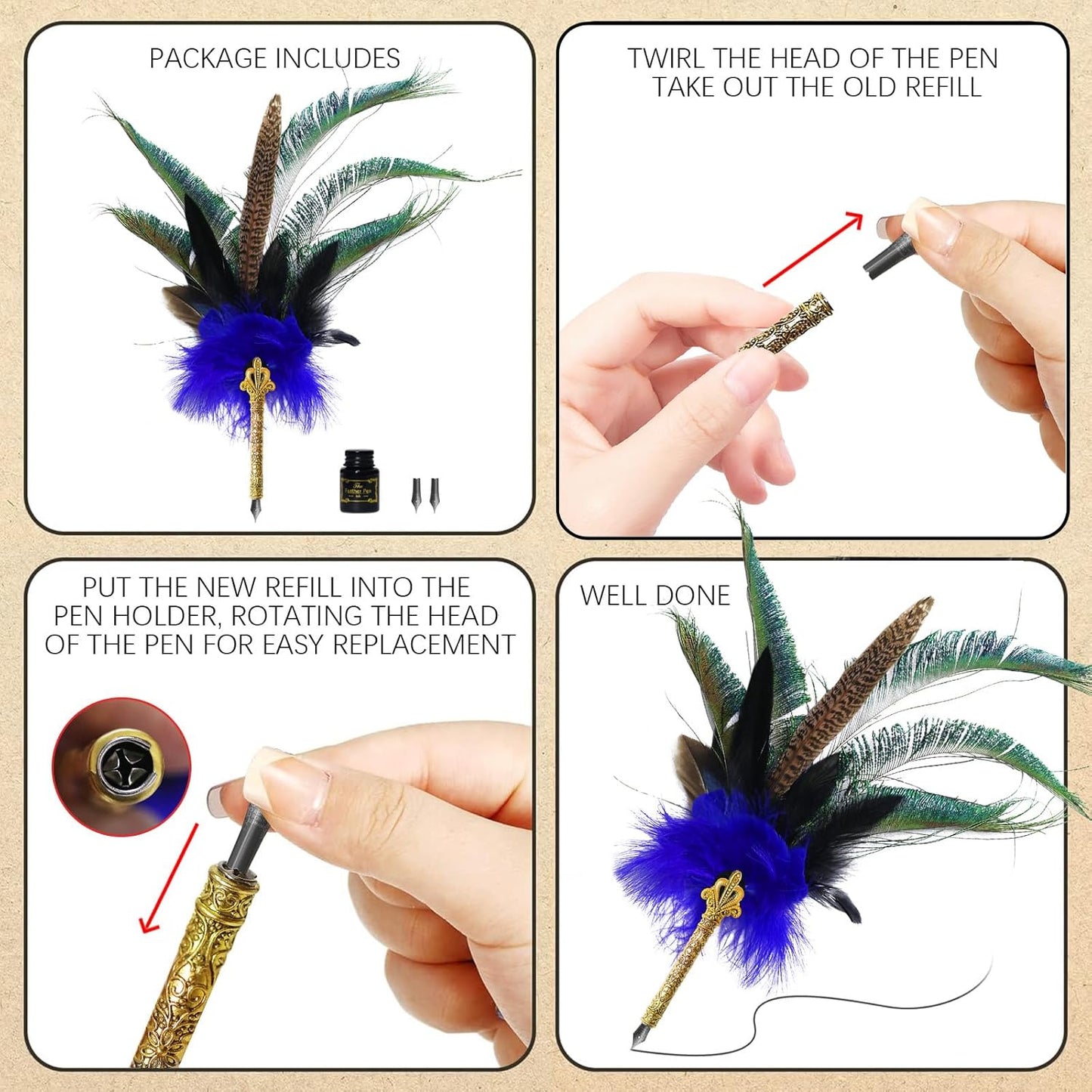 CROWN GUIDE Luxury Feather Pen with Black Ink Set - 13.8" Peacock Fancy Quill Fountain Pen for Writing Calligraphy, Wedding Nikkah Pen for Guest Book Journaling Gift, Blue