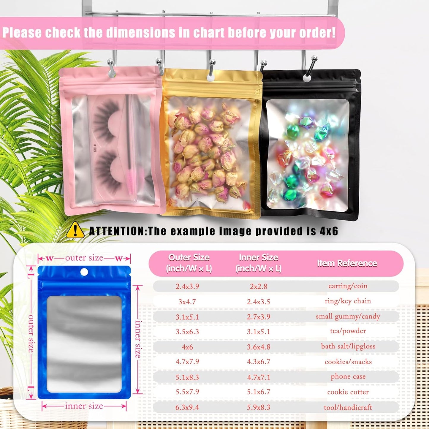 FUNFERY 100 Pack Mylar Resealable Bags Foil Packaging Bags with Clear Window,Zipper Pouch Smell Proof Bag for Food Storage,Cookies,Sample,Small Business(Blue,4x6inch)