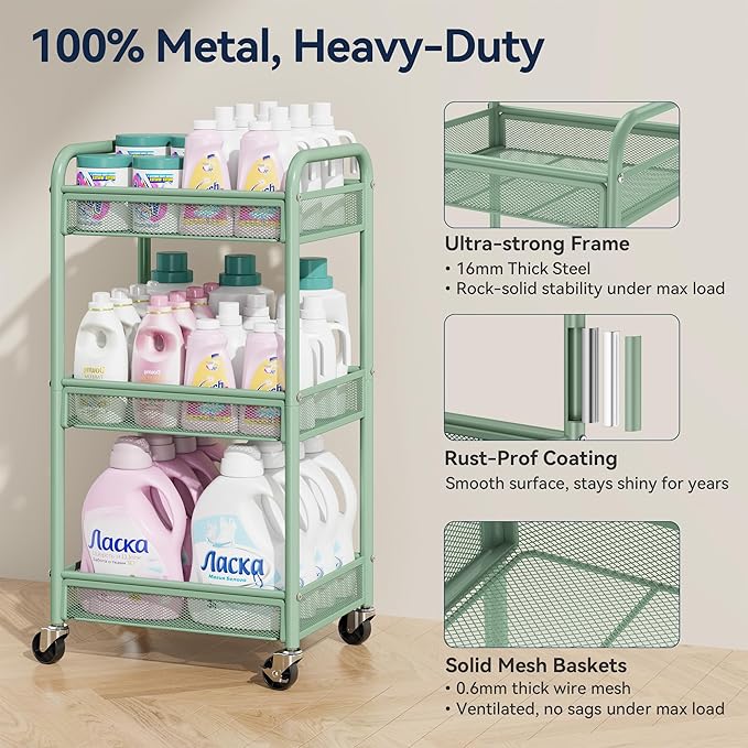 YASONIC 3 Tier Rolling Cart – Metal Utility Storage Carts - Image 2