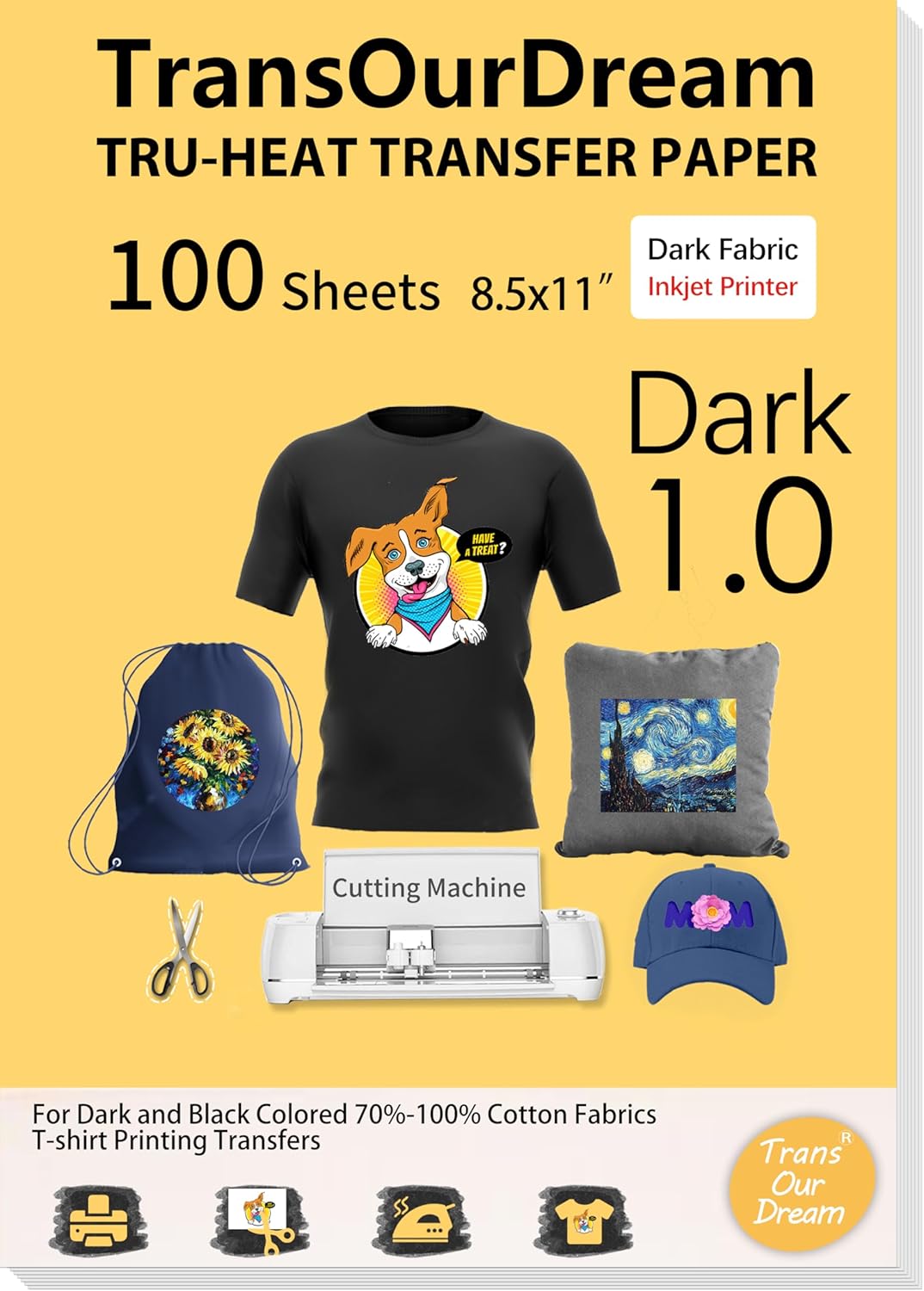 TransOurDream Tru-Iron on Heat Transfer Paper for Dark Fabric (100 Sheets, 8.5x11") T Shirt Transfers Paper for Inkjet Printer Printable Heat Transfer Vinyl for T-Shirts (TRANS-D1-100)