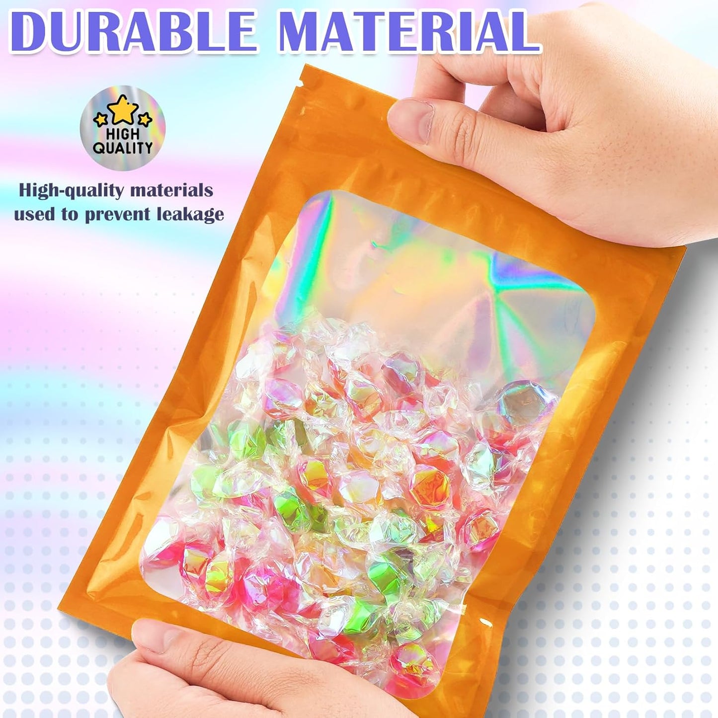 100 Pcs Mylar Bags, Smell Proof Bags Foil Pouch, Holographic Resealable Bags for Small Business, Candy Sample Jewelry Bag Sealable Packaging for Party Favor Food Storage (5.5x7.9in-Orange)