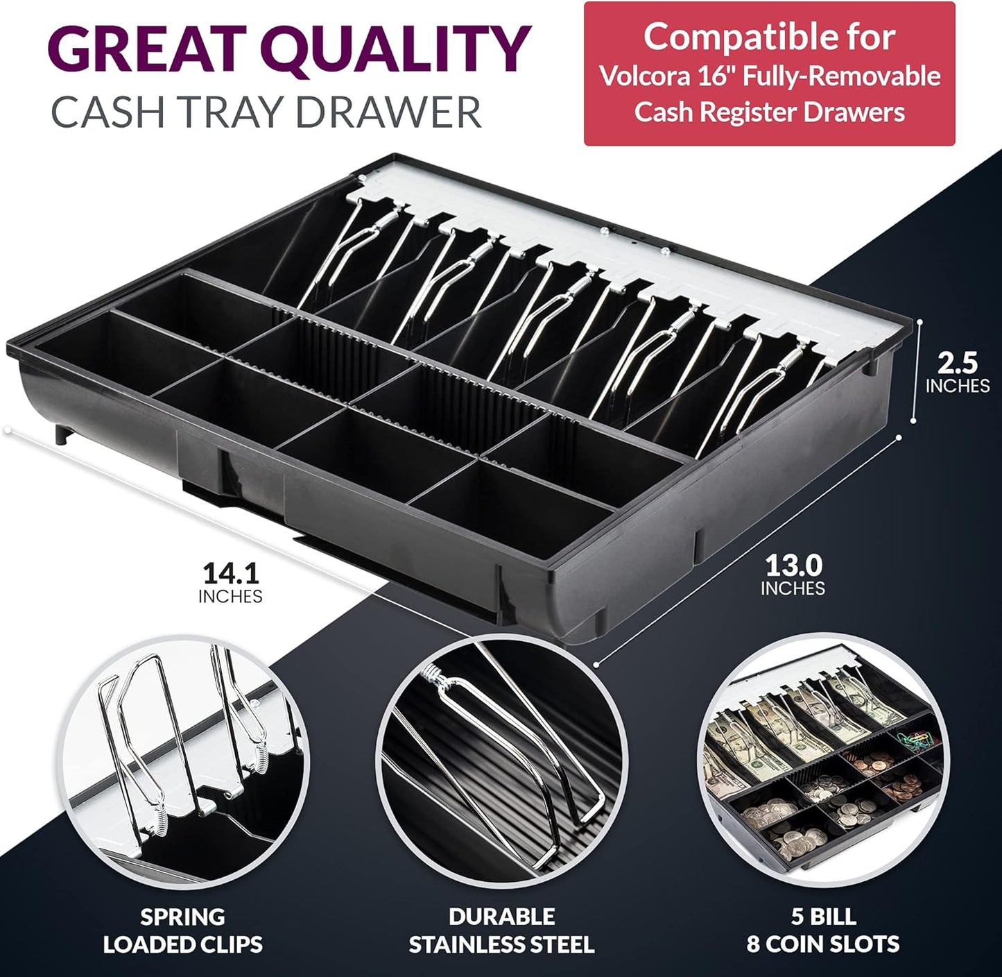 Volcora Cash Drawer Tray - 14.1 x 13 x 2.5 Inch Cash Register Insert - 5 Bill / 8 Coin Replacement Cash Tray - Stainless Steel Currency Compartment - 16" Cash Registers with Fully Removable Tray