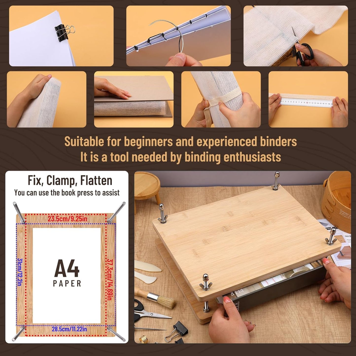 ZMAAGG 36 Pcs Book Binding Kits, 14.8 x 11.4 Inch Book Press Books Binding Materials Books Binding Supplies with 8 Pcs Wax Thread, Bone Folder Awl Large Eye Needles for Beginner DIY