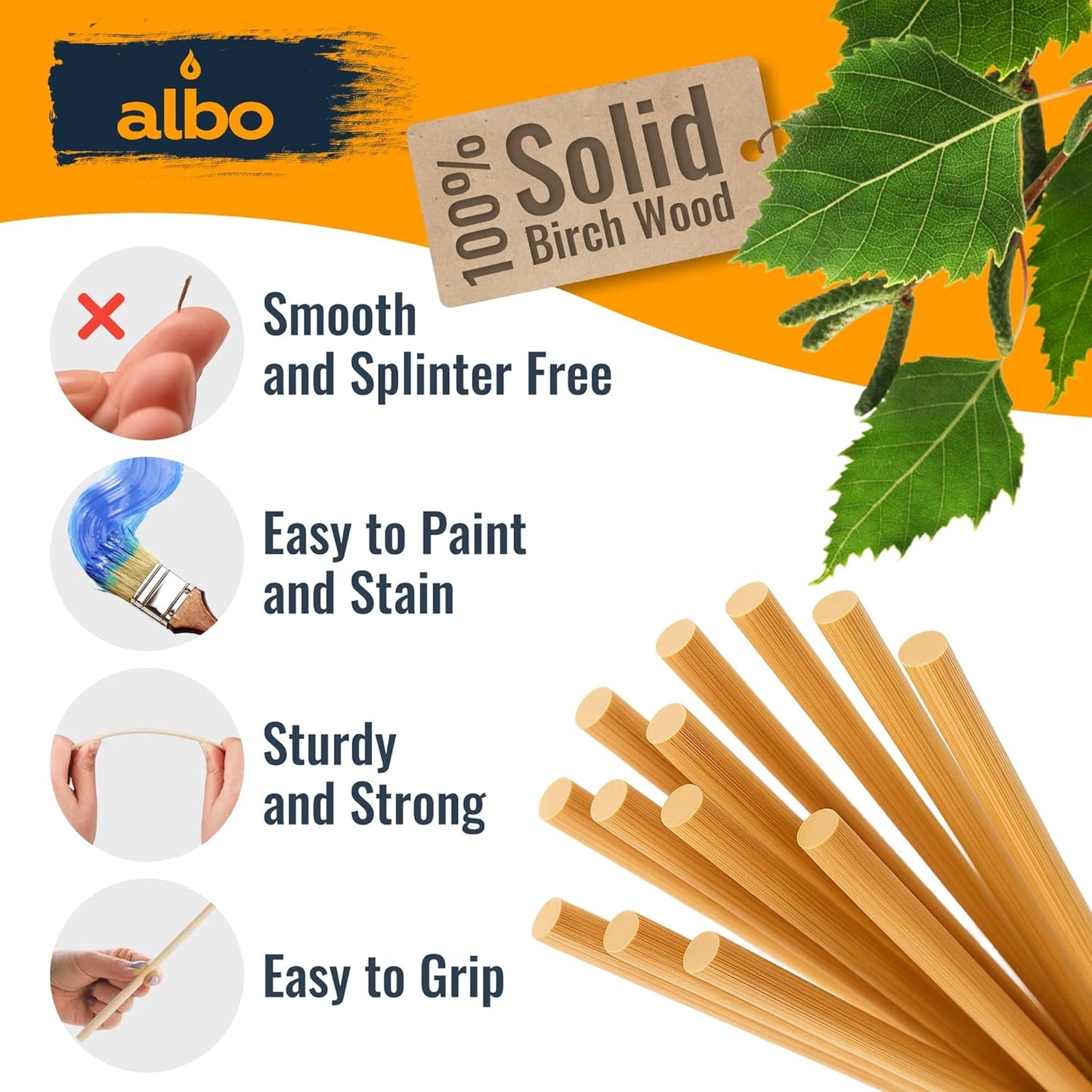 ALBO Wooden Dowel Rods 100 PCS 1/4" x 12" Inch Round Wood Sticks for Crafts, DIY Projects and Macrame Hardwood Assorted Bouquet Sticks Cake Dowels for Tiered Cakes