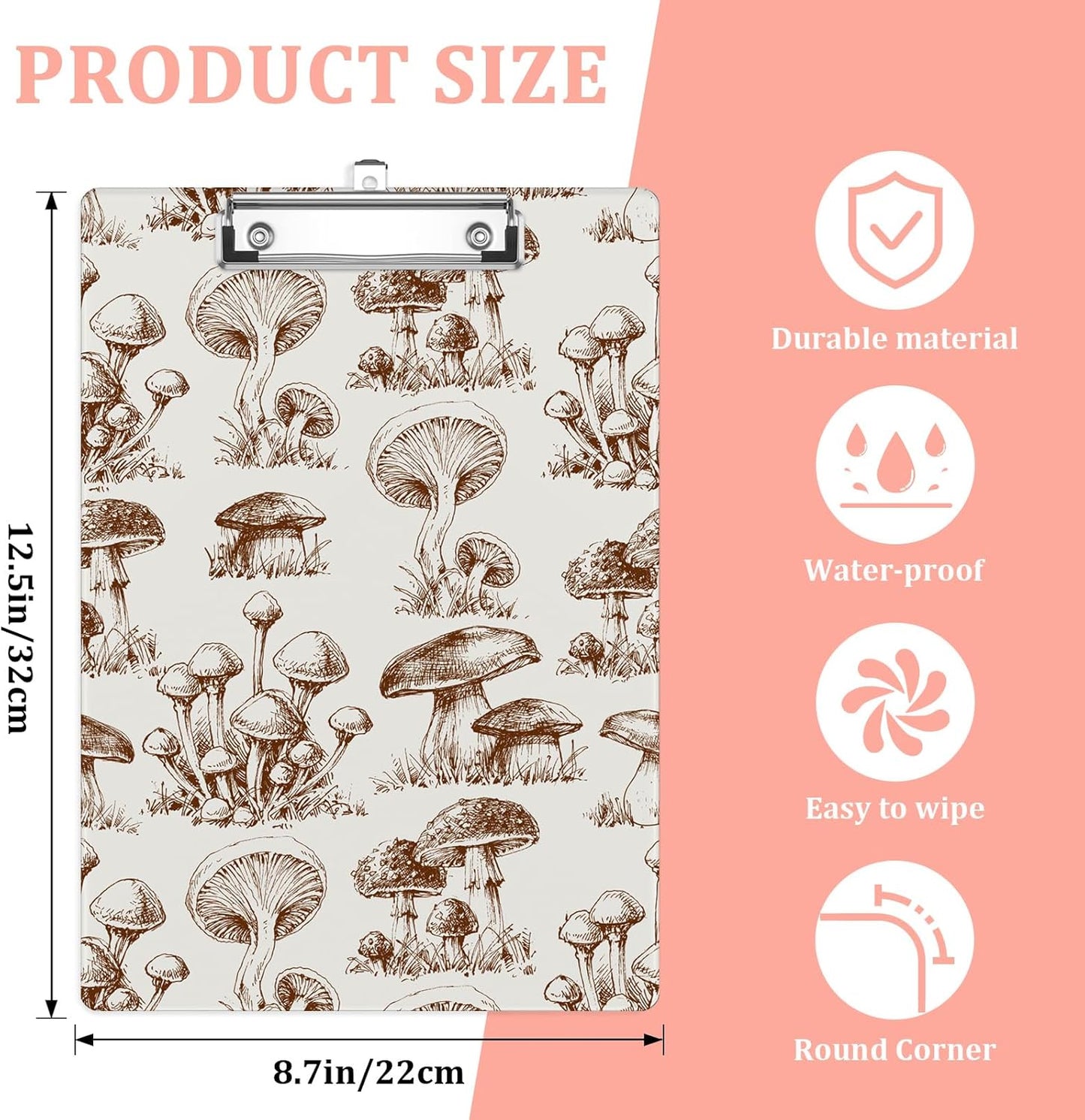 Vintage Mushroom Plastic Clipboards,Cute Fashion Clipboard Decorative 8.5" x 12.5"Standard A4 Size Clipboards,Acrylic Clipboard for Teacher,Social Worker,Students,Nurse,Office Supplies