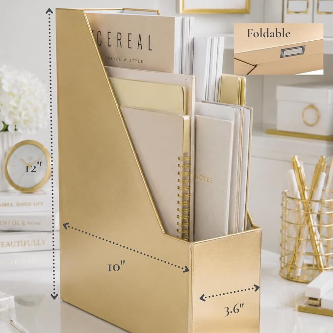 BLU MONACO | Gold Cardboard Magazine File Holder Set of 4 | Vertical Magazine - Image 7